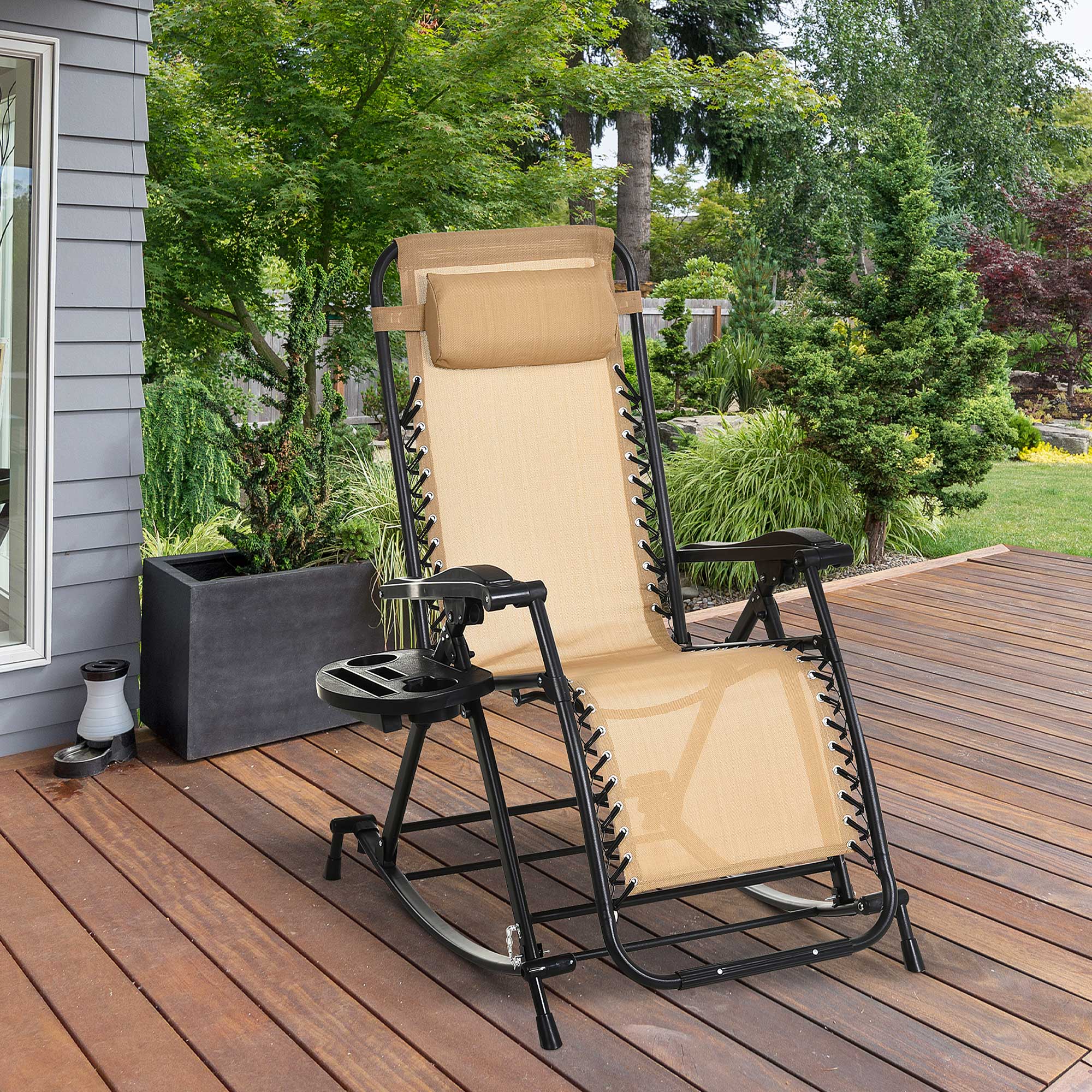Outsunny Garden Rocking Chair Folding Recliner Outdoor Adjustable Sun Lounger Rocker Zero-Gravity Seat with Headrest Side Holder Patio Deck - Beige - North Peak Garden Furniture
