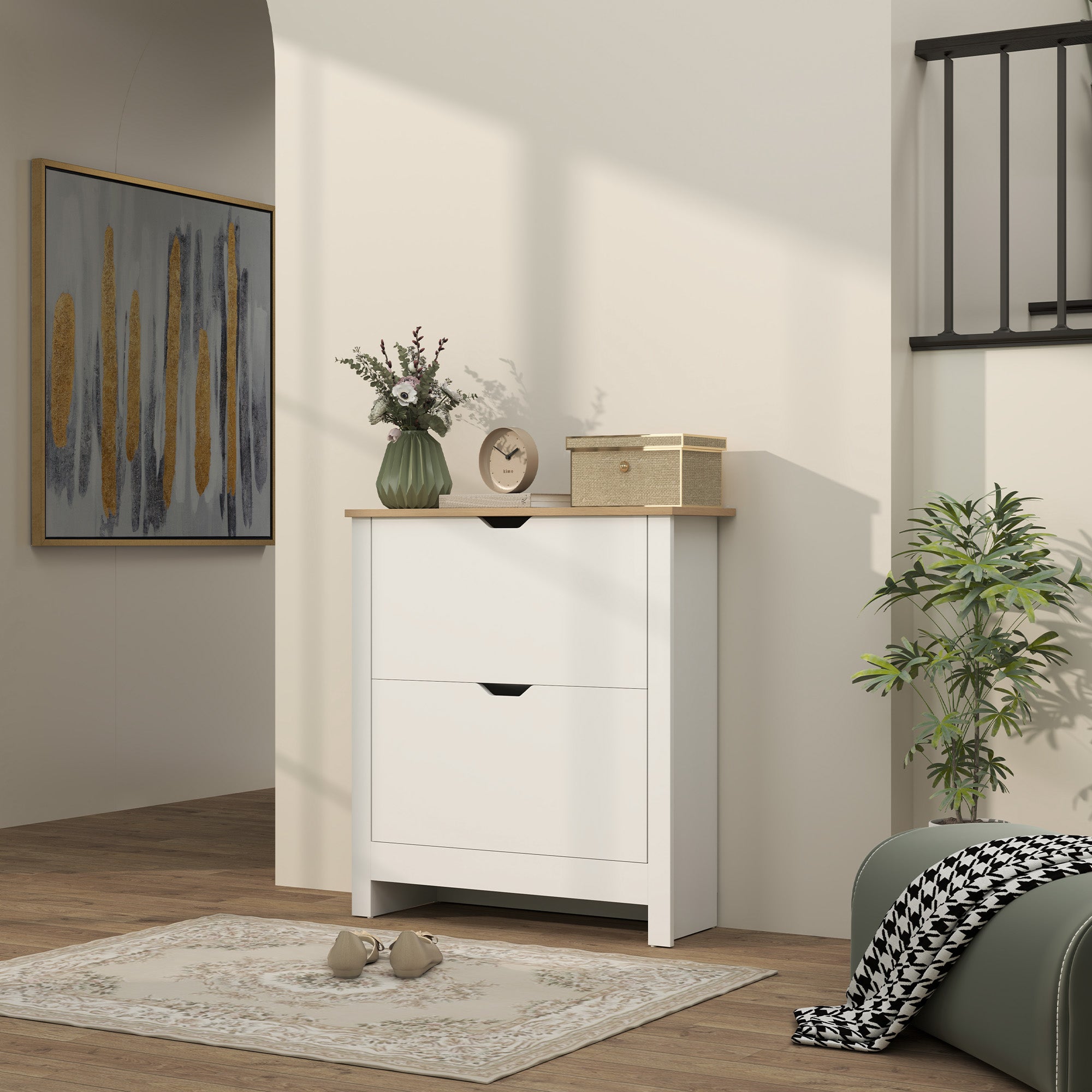 HOMCOM Slim Shoe Cabinet, Narrow Shoe Cupboard with 2 Flip Drawers, Adjustable Shelves for 12 Pairs of Shoes, High Gloss White - North Peak Garden Furniture