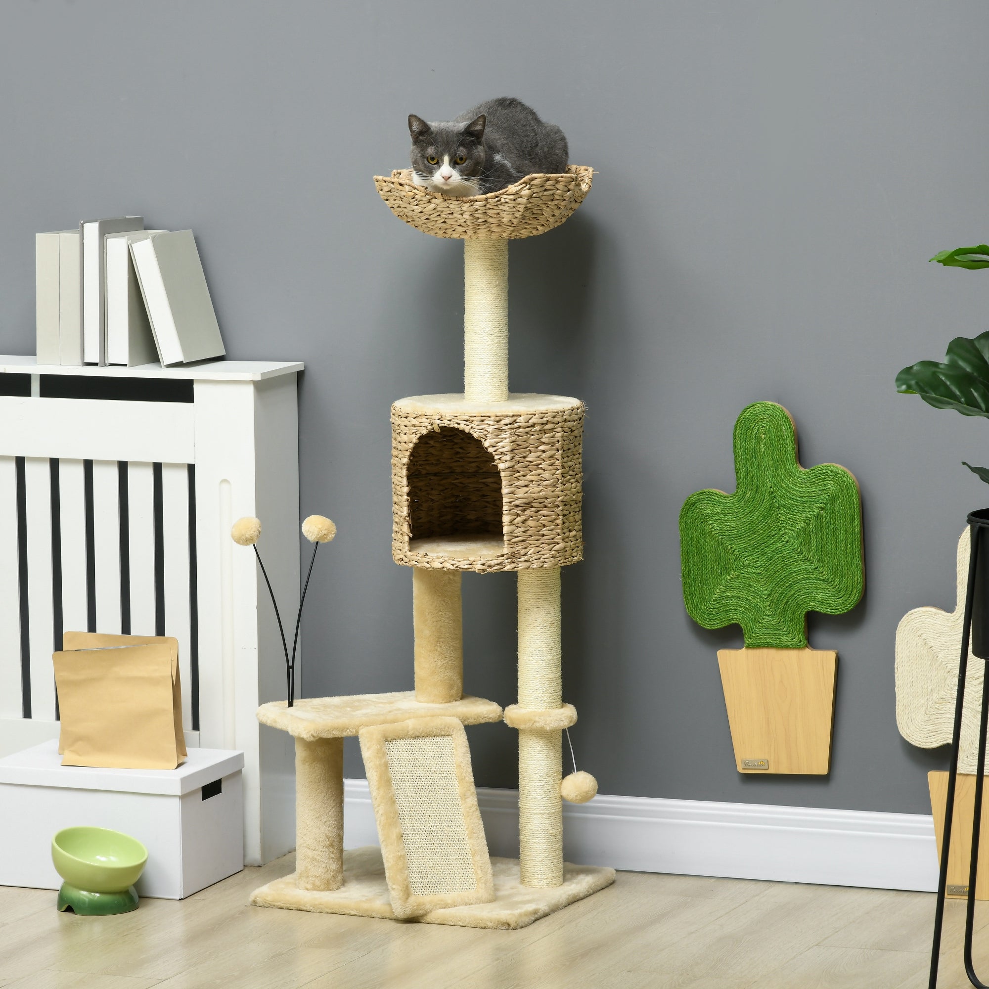 PawHut Cat Tree Tower with Scratching Post, Cat House, Bed, Toy Ball, Platform - Beige - North Peak Garden Furniture