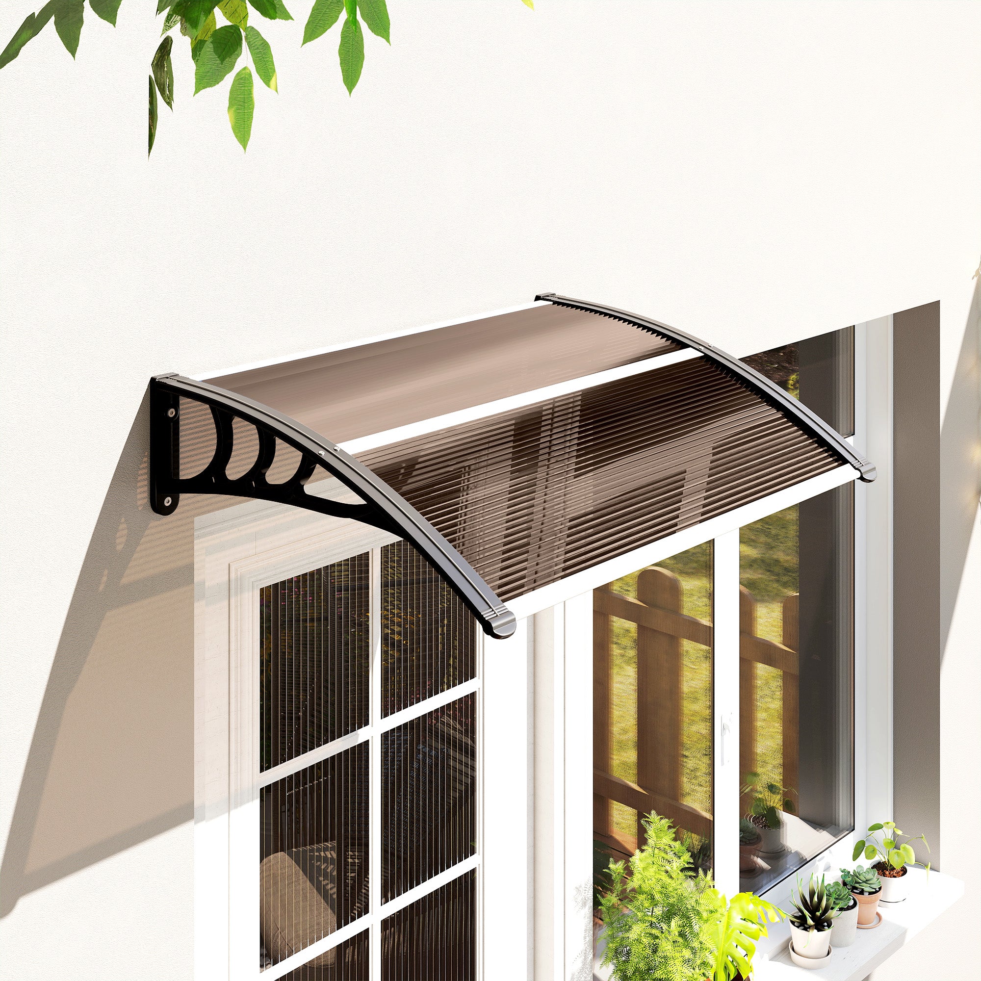 Outsunny Curved Window Door Canopy Aluminium Rigid Plastic Polycarbonate Fixed Outdoor Awning Modern Design UV Water Rain Resist 100 x 75cm Brown