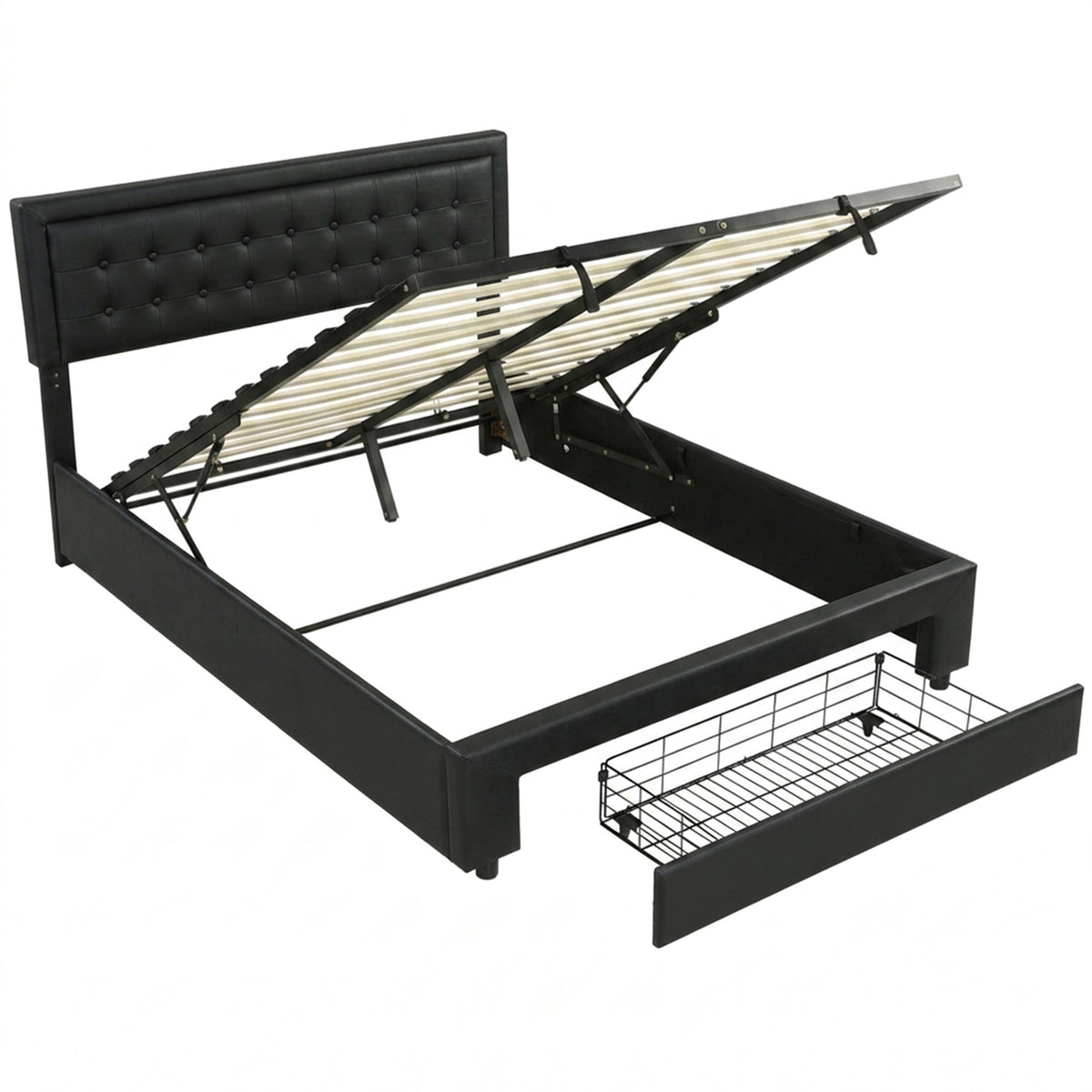 HOMCOM PU Leather King Size Ottoman Bed Frame, with Front Drawer - Black