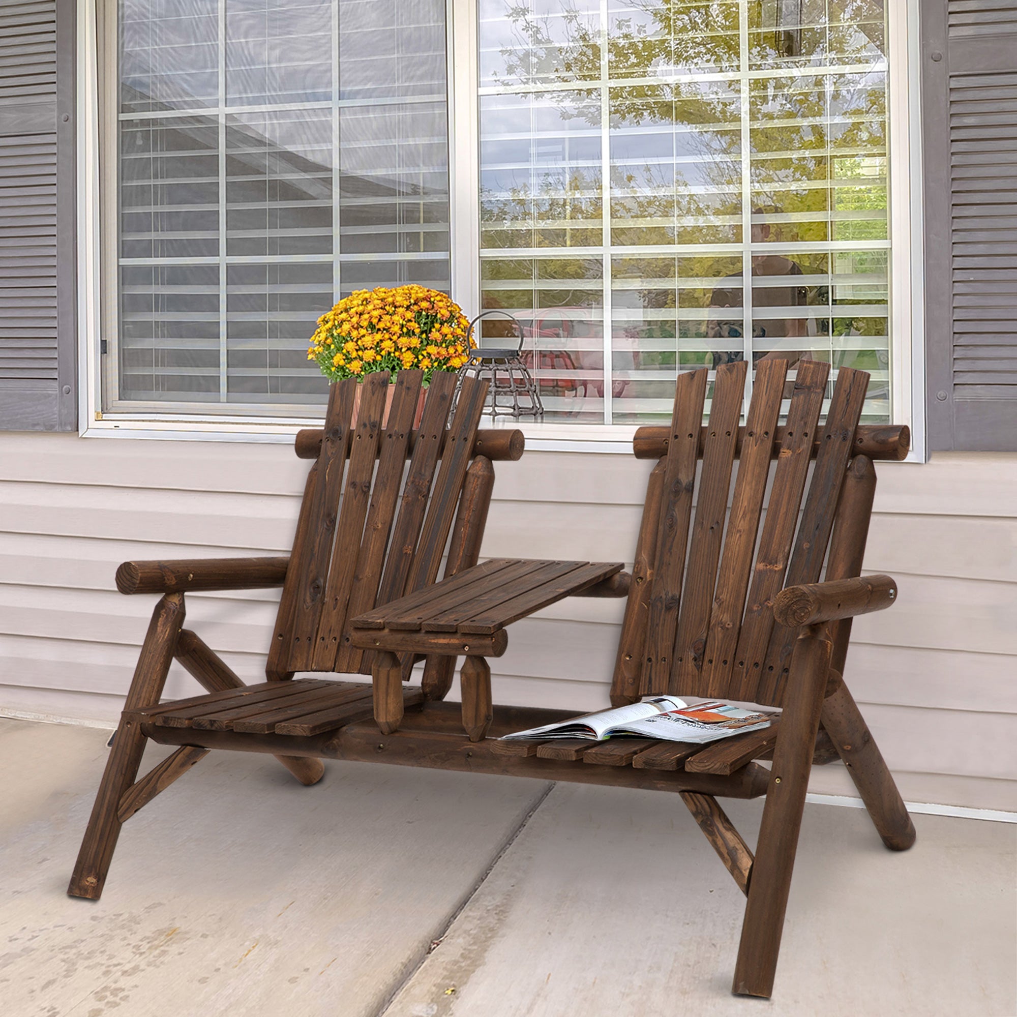 Outsunny Wood Patio Chair Bench 2 Seats Jack and Jill Seat w/ Center Coffee Table, Garden Bench, Carbonized - North Peak Garden Furniture