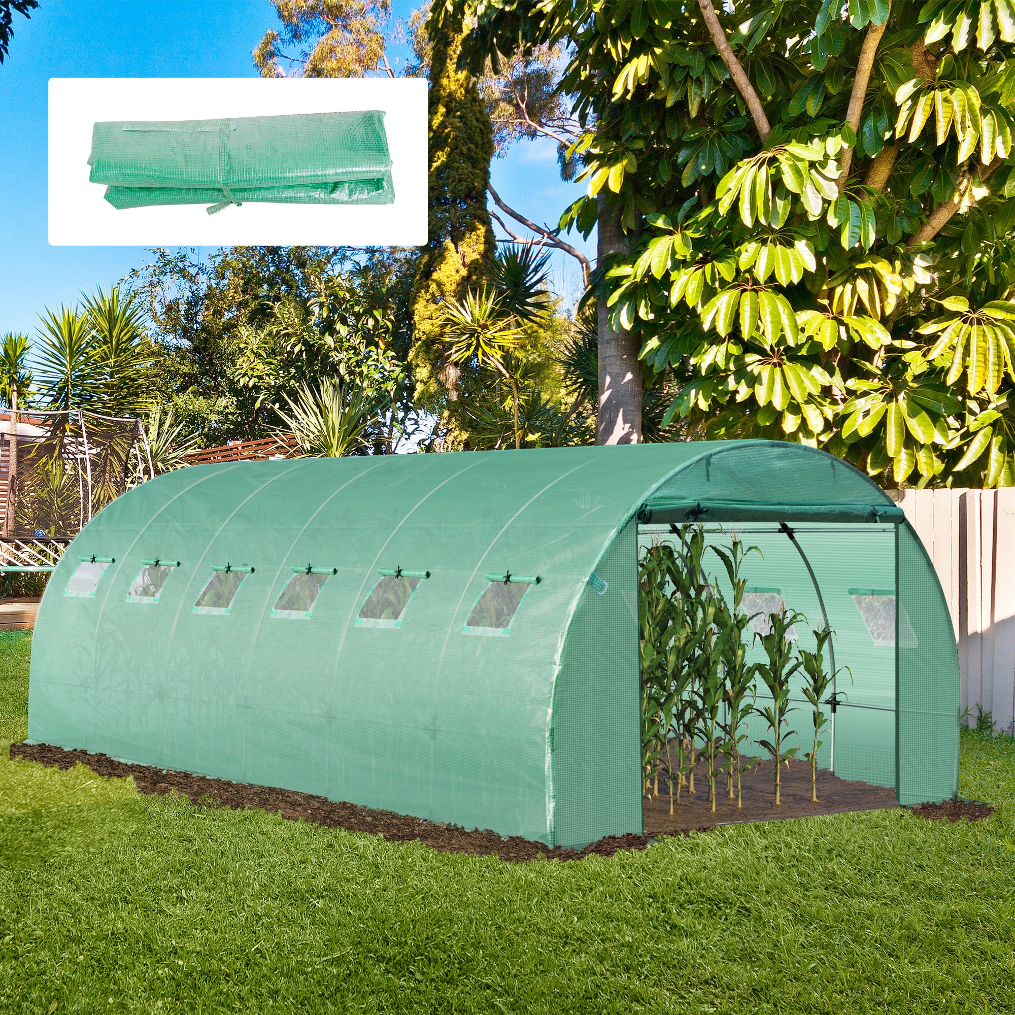 Outsunny 6 x 3 x 2m Greenhouse Replacement Cover ONLY Winter Garden Plant PE Cover for Tunnel Walk-in Greenhouse with Roll-up Windows Door Outdoor, Green - North Peak Garden Furniture
