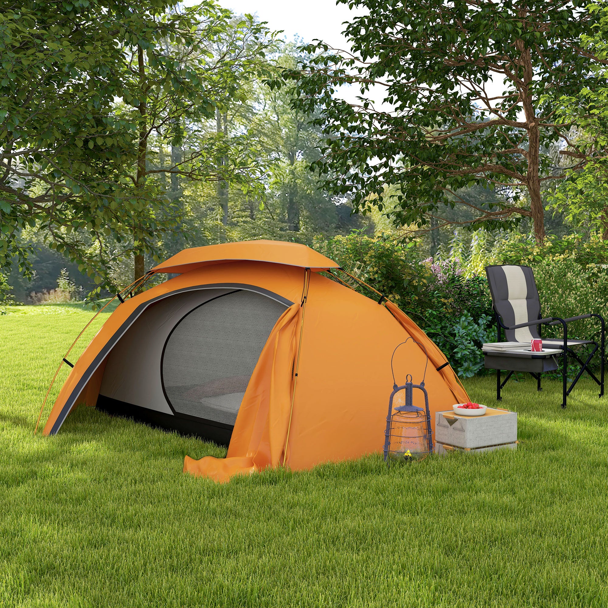 Outsunny Aluminium Frame Camping Tent Dome Tent with Removable Rainfly, 2000mm Waterproof, for 1-2 Man, Orange - North Peak Garden Furniture