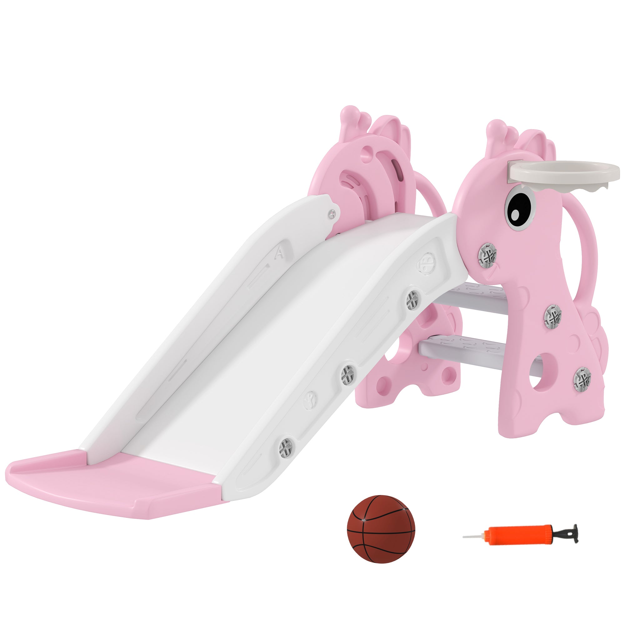 AIYAPLAY 3 in 1 Kids Slide with Climber, Basketball Hoop and Ball, Giraffe Shape Climber Slide for Indoor Kids Age 1-3, Pink - North Peak Garden Furniture