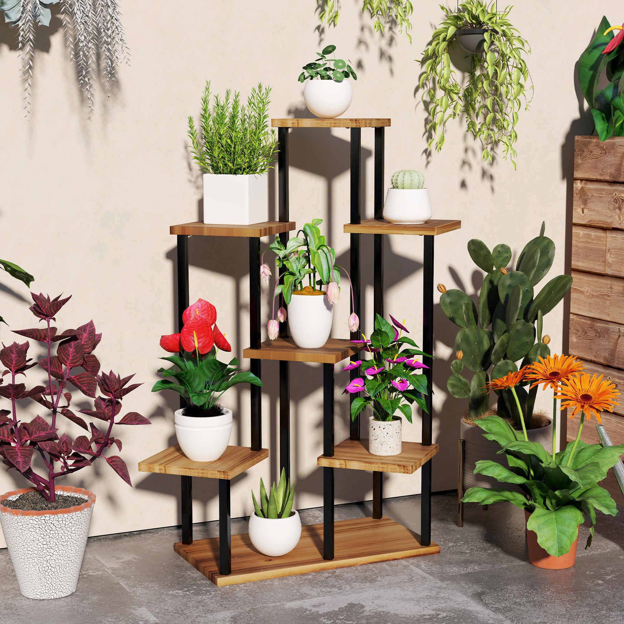 Outsunny 7 Tier Plant Stand Indoor Outdoor, Tiered Corner Steel Wood Plant Shelf for Multiple Plants, Tall Flower Stand Display Rack for Garden Patio Balcony Living Room, Carbonised Finish - North Peak Garden Furniture