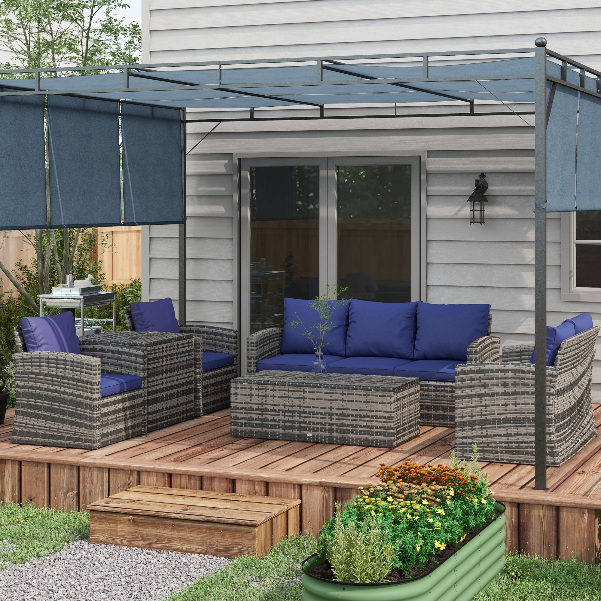 Outsunny 6 Pieces Rattan Garden Furniture Set, 7 Seater Wicker Outdoor Furniture Set with Storage Tea Table & Side Table, Sectional Garden Sofa Set with Cushions, Navy Blue - North Peak Garden Furniture