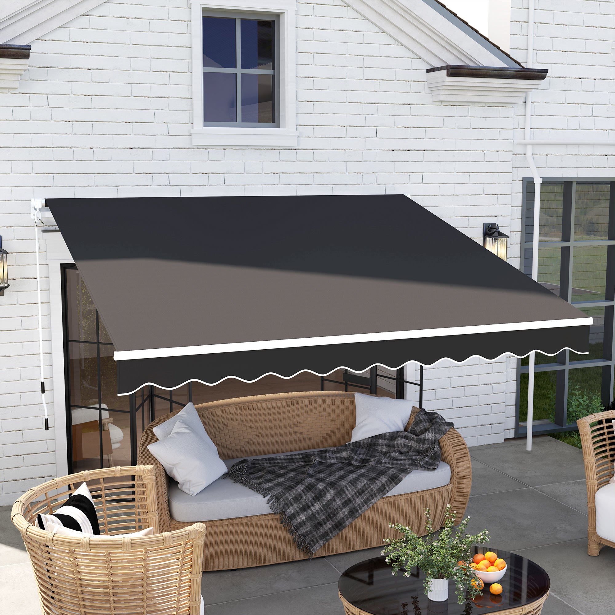 Outsunny 3 x 2.5m Garden Patio Manual Awning, Retractable Canopy Sun Shade Shelter with Fittings and Crank Handle, Black - North Peak Garden Furniture