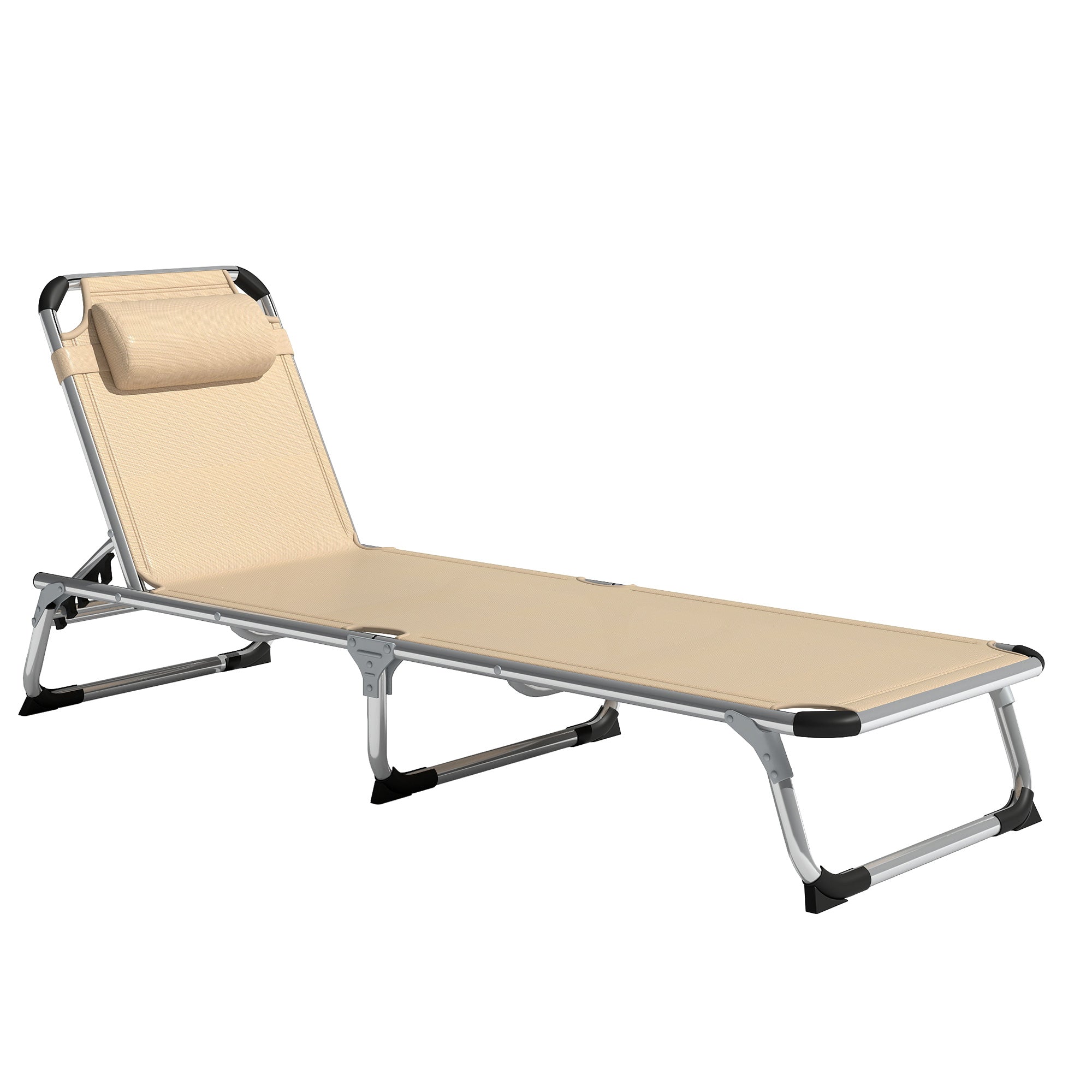 Outsunny Foldable Outdoor Sun Lounger, Reclining Lounge Chair Camping Bed Cot with Pillow 4-Level Adjustable Back Aluminium Frame, Khaki - North Peak Garden Furniture