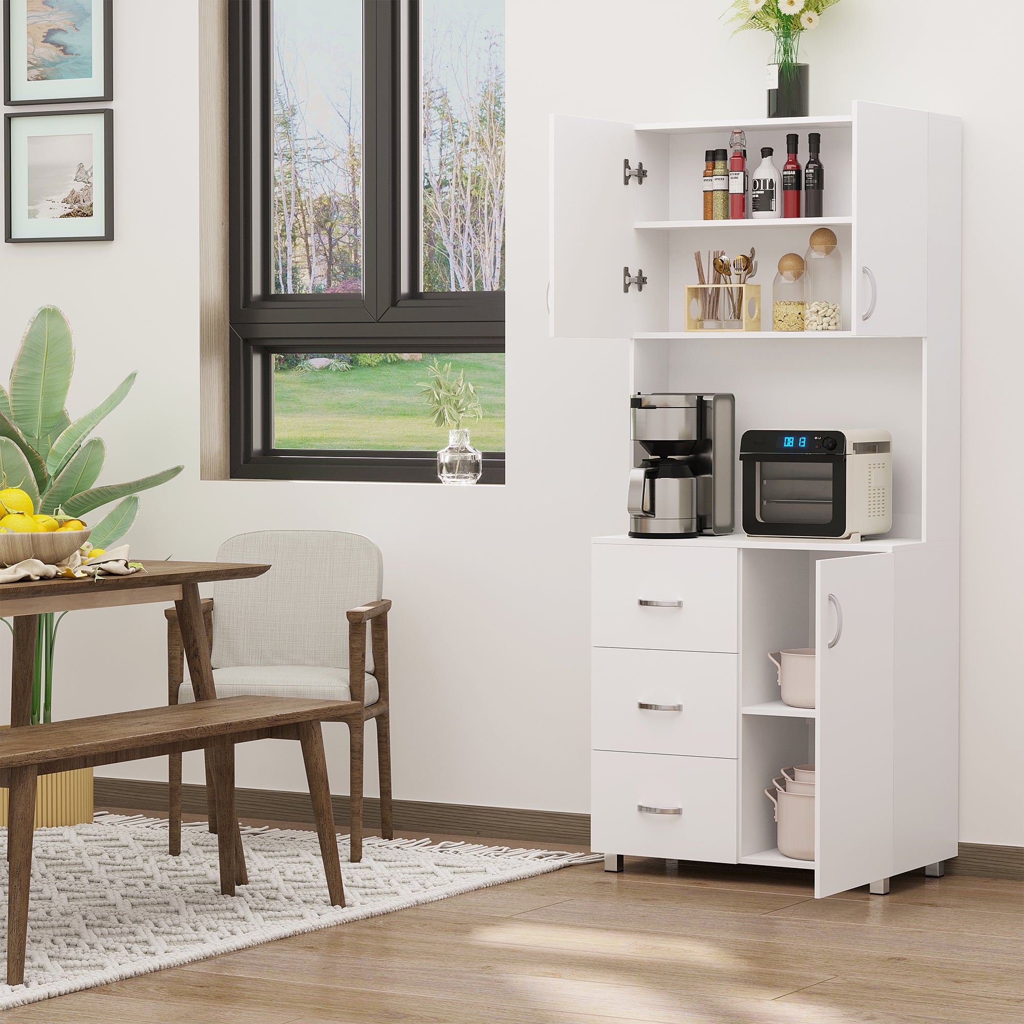 HOMCOM Free standing Kitchen Cupboard, Storage Cabinet with Doors and Sheleves, 3 drawers and Open Space, Adjustable Height Storage Unit, White - North Peak Garden Furniture