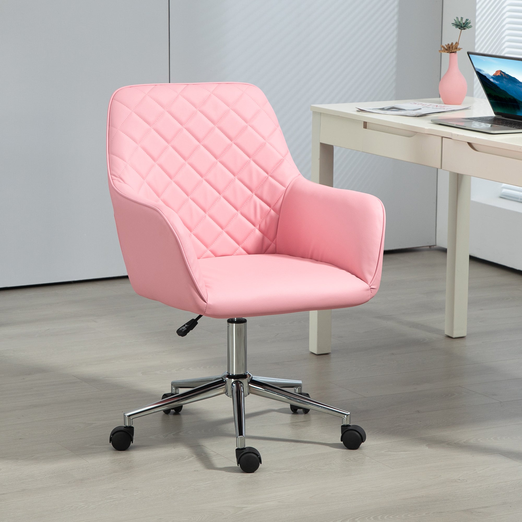 Vinsetto Office Desk Chair, Leather-Feel Fabric Computer Swivel Chair with Rolling Wheels and Adjustable Height for Home, Pink - North Peak Garden Furniture