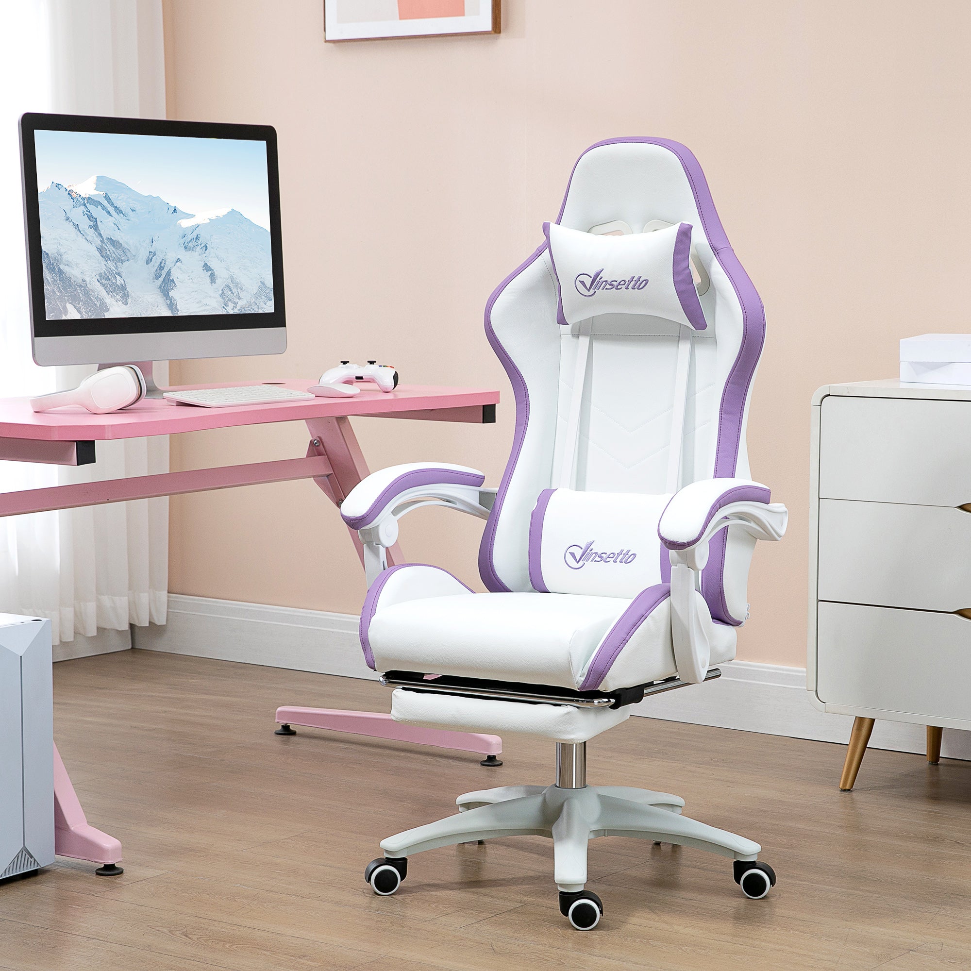 Vinsetto Computer Gaming Chair, PU Leather Desk Chair with Footrest, Swivel Task Chair with 135° Reclining Back and Lumbar Support, PC Chair for Adults, White and Purple - North Peak Garden Furniture