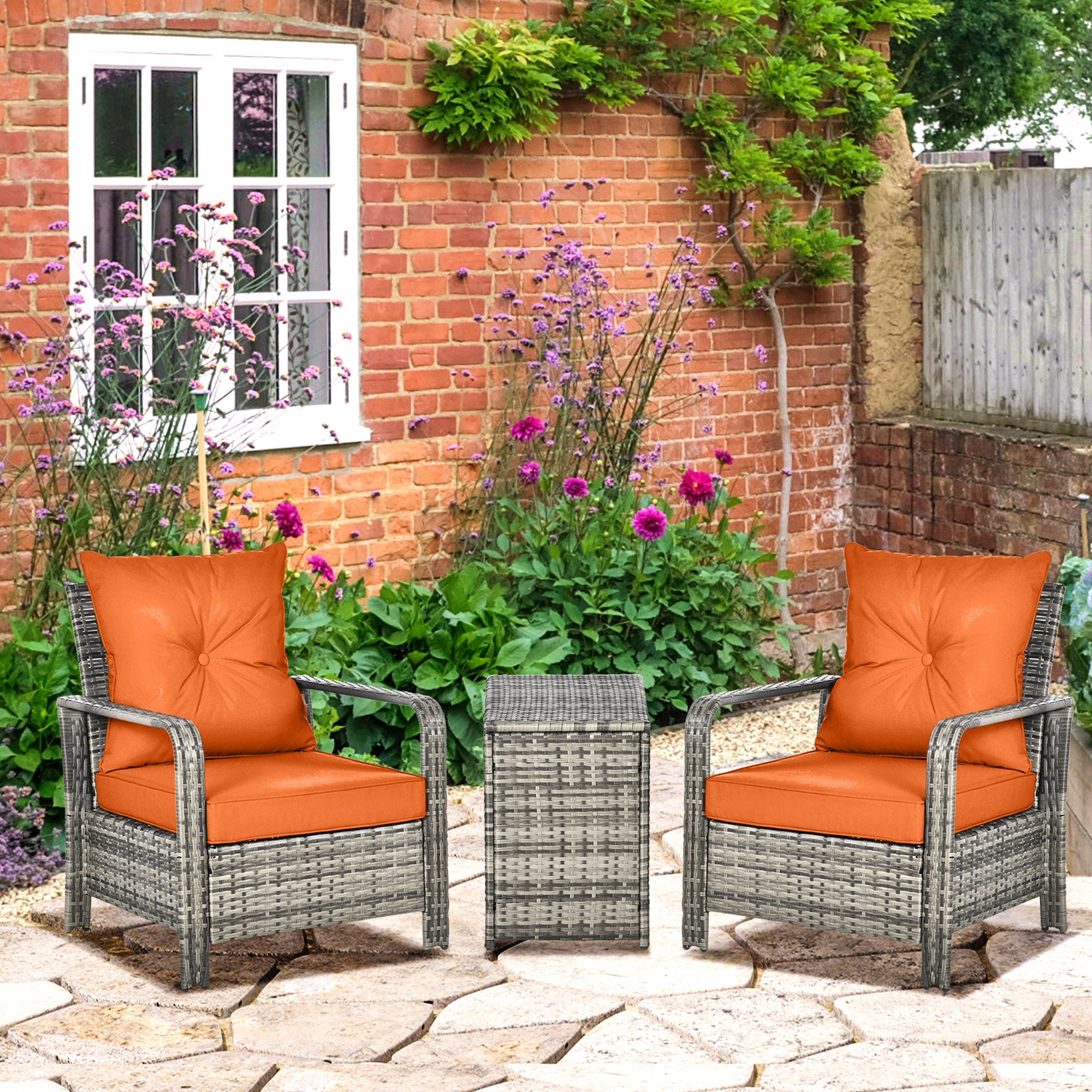 Outsunny 3 Pieces Rattan Bistro Set, Wicker Garden Furniture Set with Storage Coffee Table and Chairs, Thickened Cushions for Outdoor, Patio, Balcony, Orange - North Peak Garden Furniture