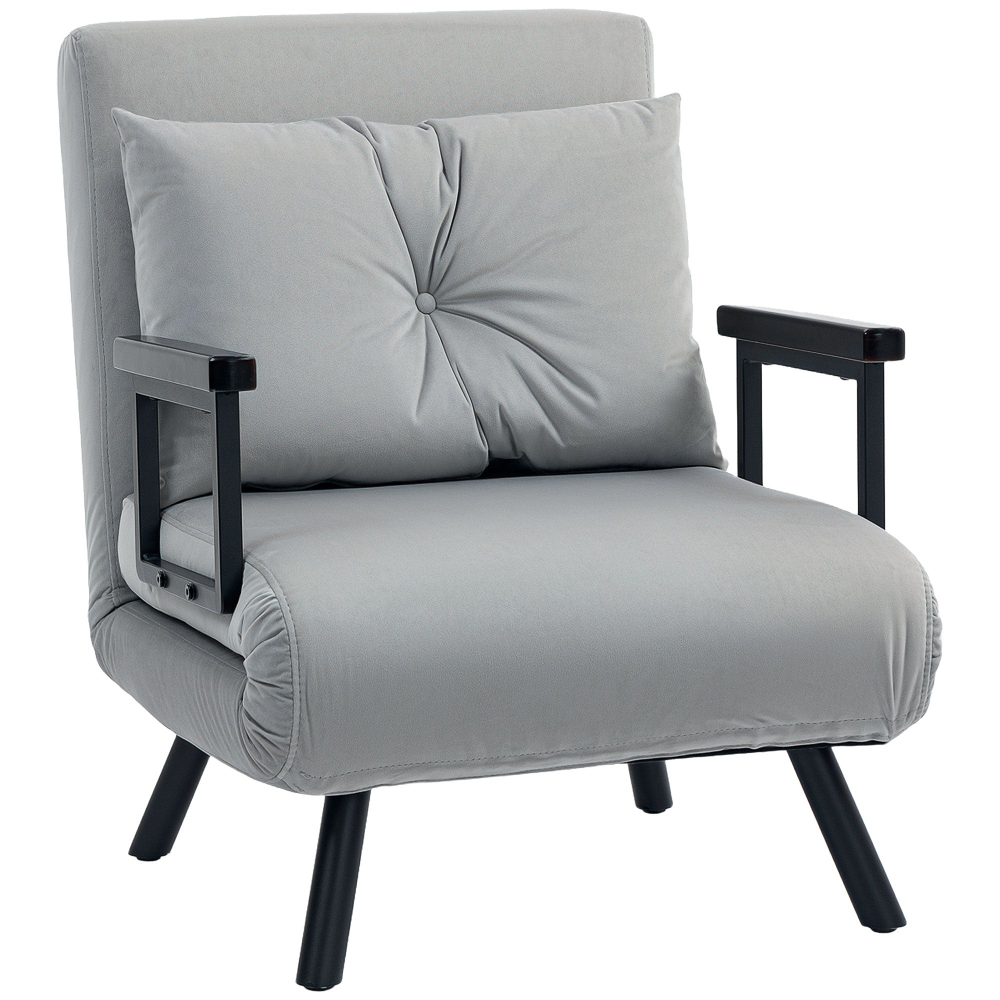 HOMCOM 4-in-1 Velvet-Feel Single Chair Bed, with Pillow - Light Grey - North Peak Garden Furniture