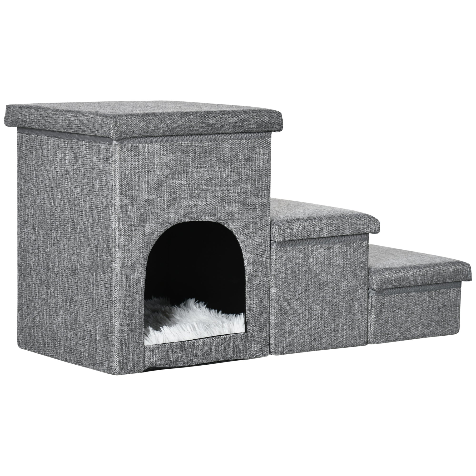 PawHut Dog Steps 3-step Pet Stairs with Kitten House and 2 Storage Boxes, 3 in 1 Dog Ramp for Sofa with Washable Plush Cushion - North Peak Garden Furniture