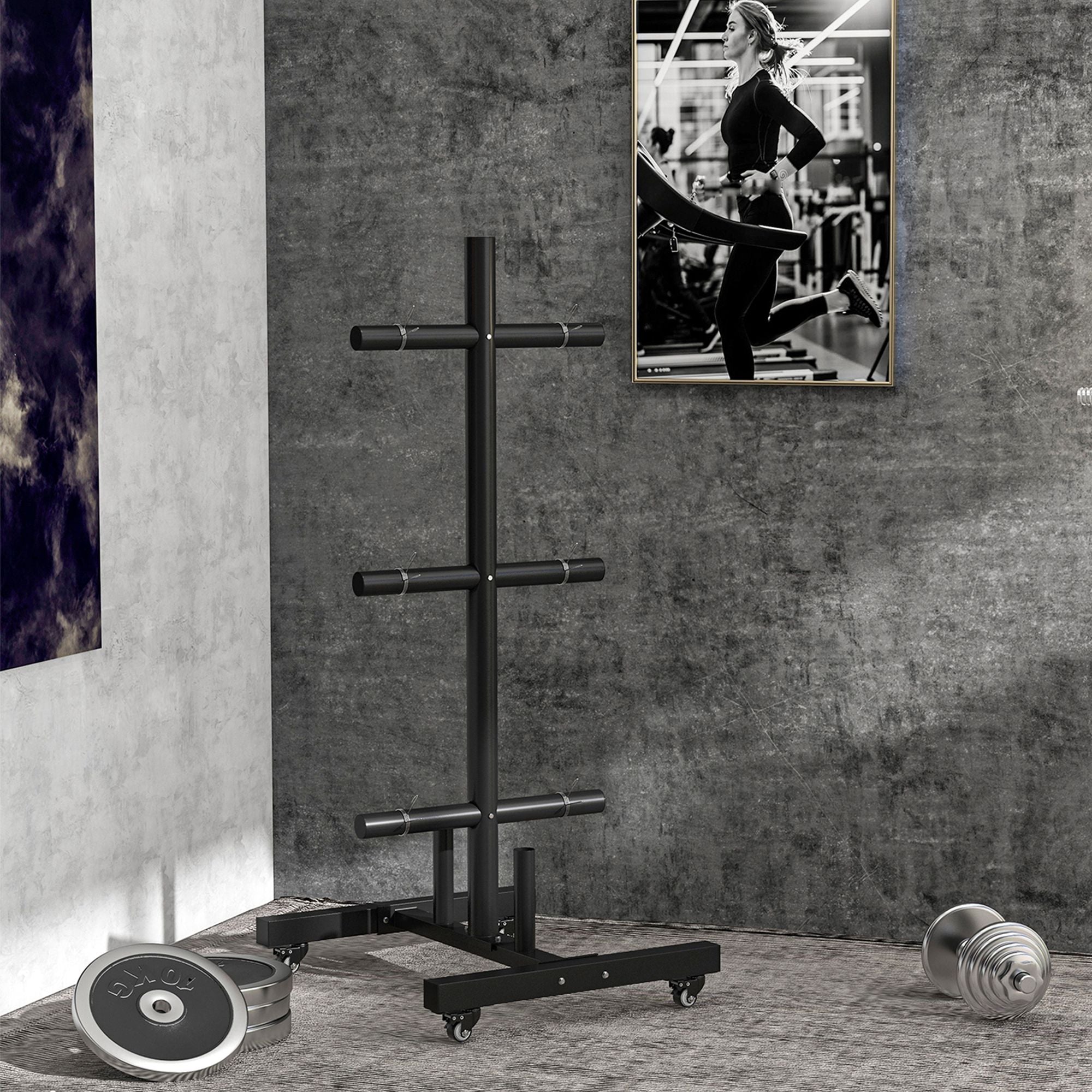 SPORTNOW Weight Rack for Olympic Weight Plate, 3 Tier Weight Tree for 2 inch Plates and Bars, Weight Organizer Stand with 4 Transport Wheels and Clamps for Home Gym, Max Load 200kg, Black - North Peak Garden Furniture