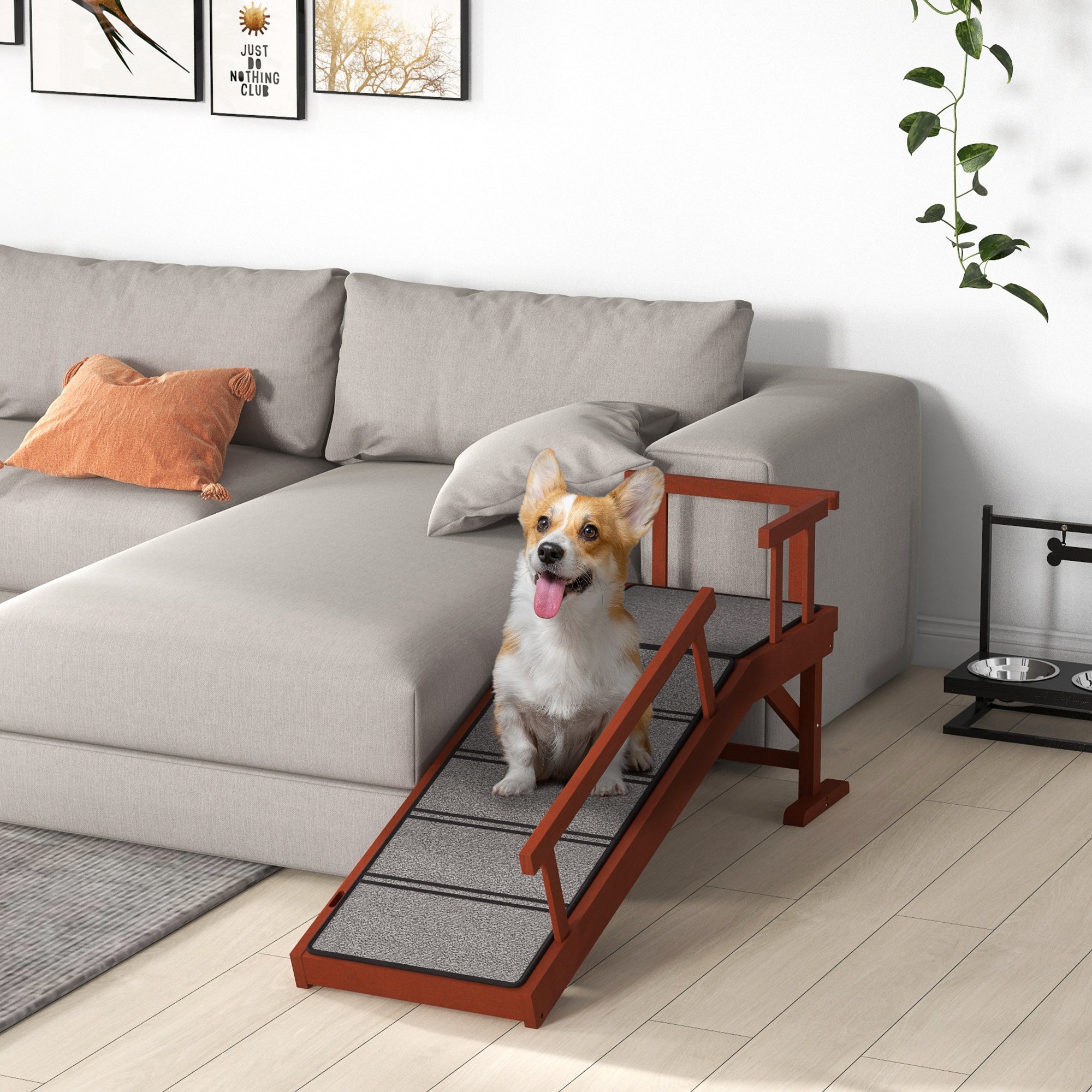 PawHut Wooden Dog Ramp with Removable Guardrails, Non-Slip Surface, 125 cm Long, Brown