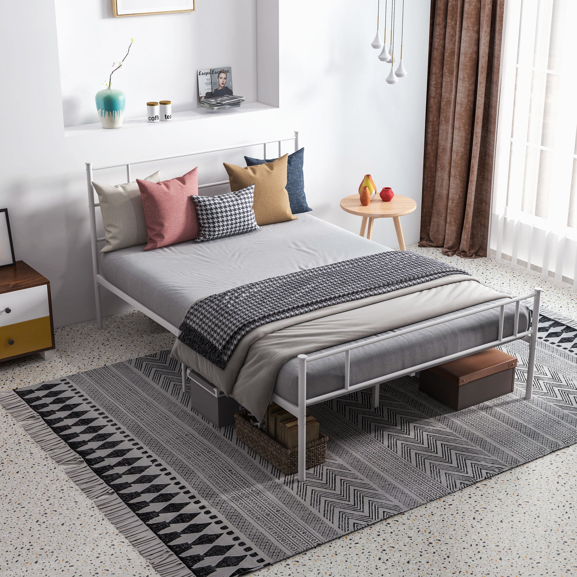 HOMCOM Double Metal Bed Frame Solid Bedstead Base with Headboard and Footboard, Metal Slat Support and Underbed Storage Space, Bedroom Furniture, White - North Peak Garden Furniture