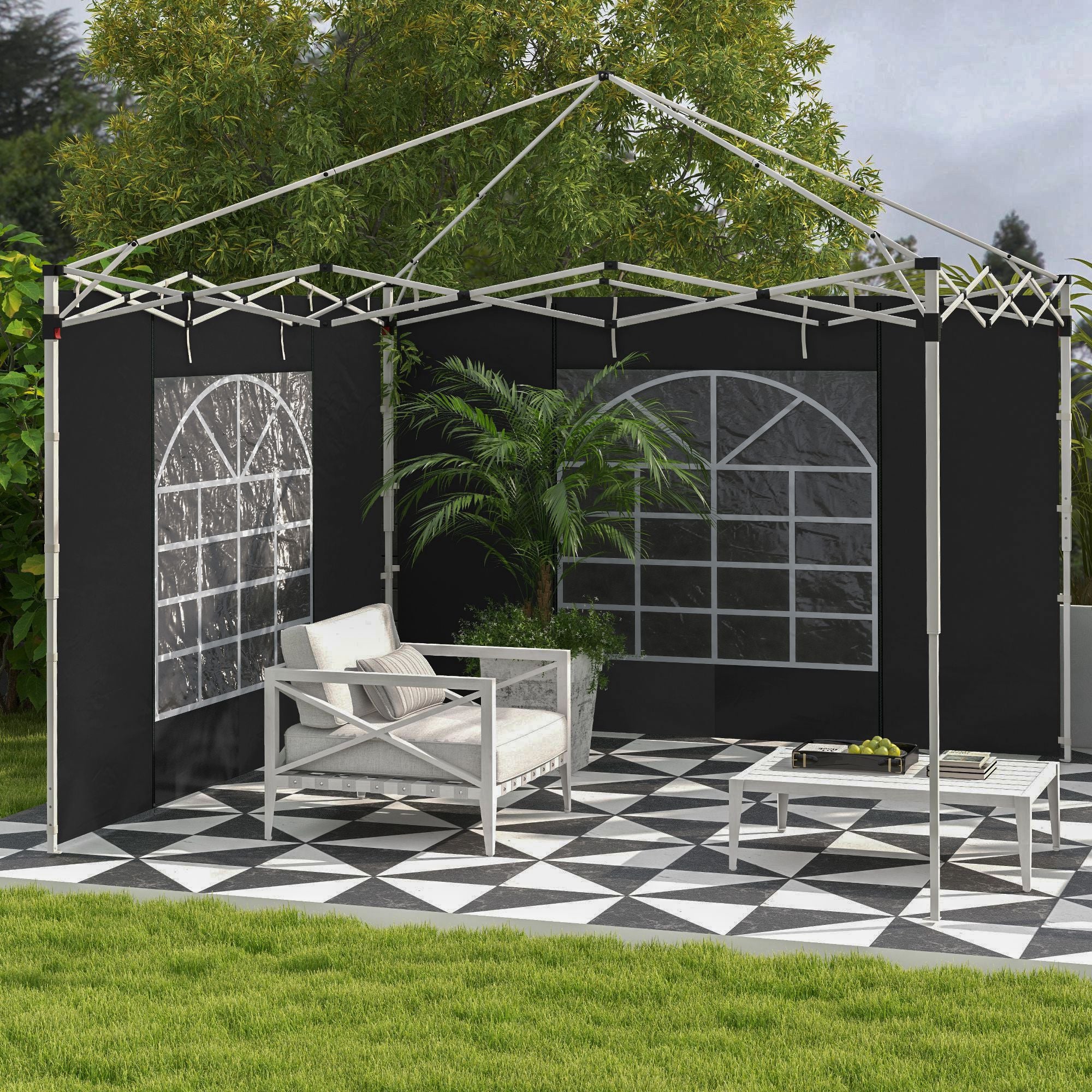 Outsunny Gazebo Side Panels, 2 Pack Sides Replacement, for 3x3(m) or 3x6m Pop Up Gazebo, with Windows and Doors, Black - North Peak Garden Furniture