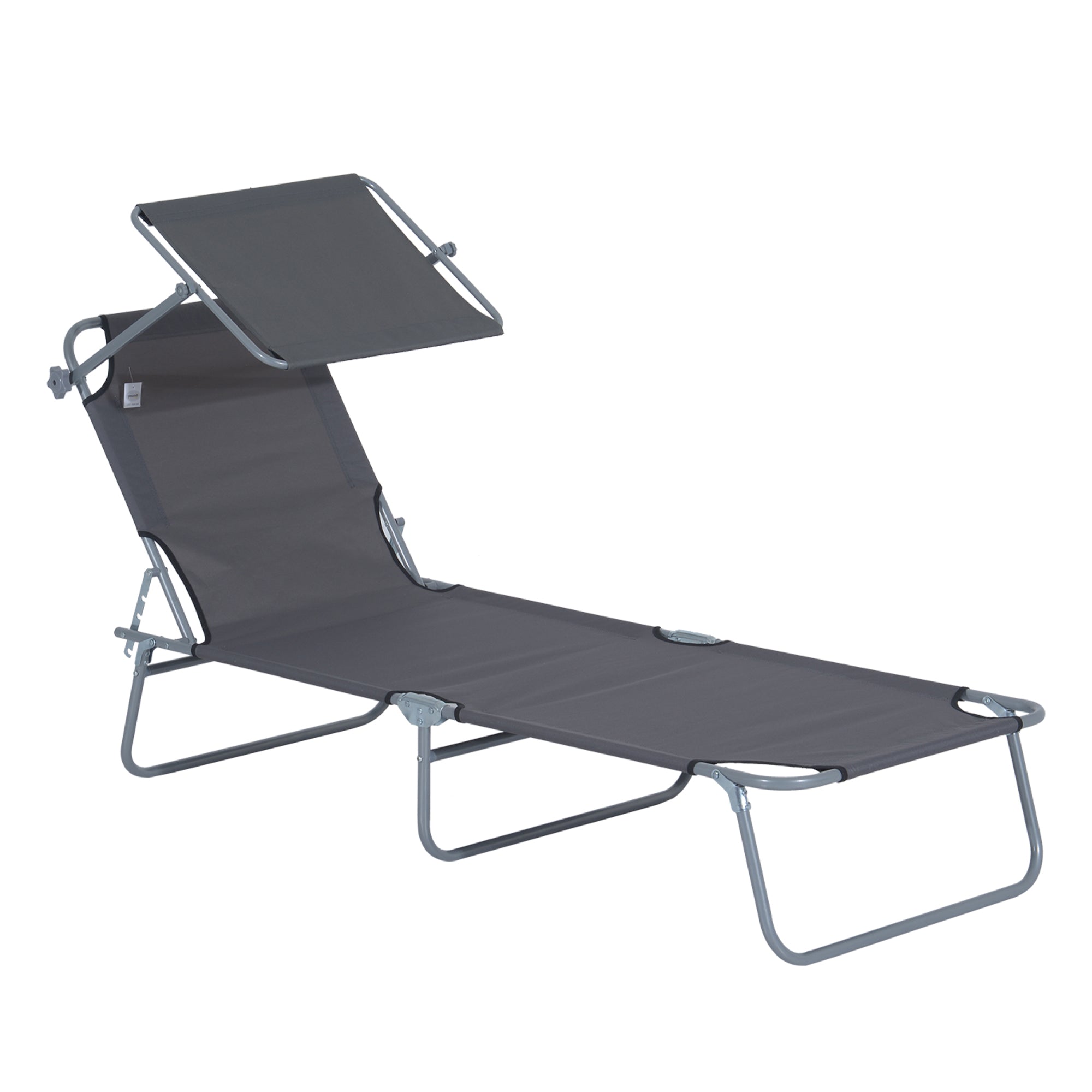 Outsunny Outdoor Foldable Sun Lounger, 4 Level Adjustable Backrest Reclining Sun Lounger Chair with Angle Adjust Sun Shade Awning for Beach, Garden, Patio, Grey - North Peak Garden Furniture