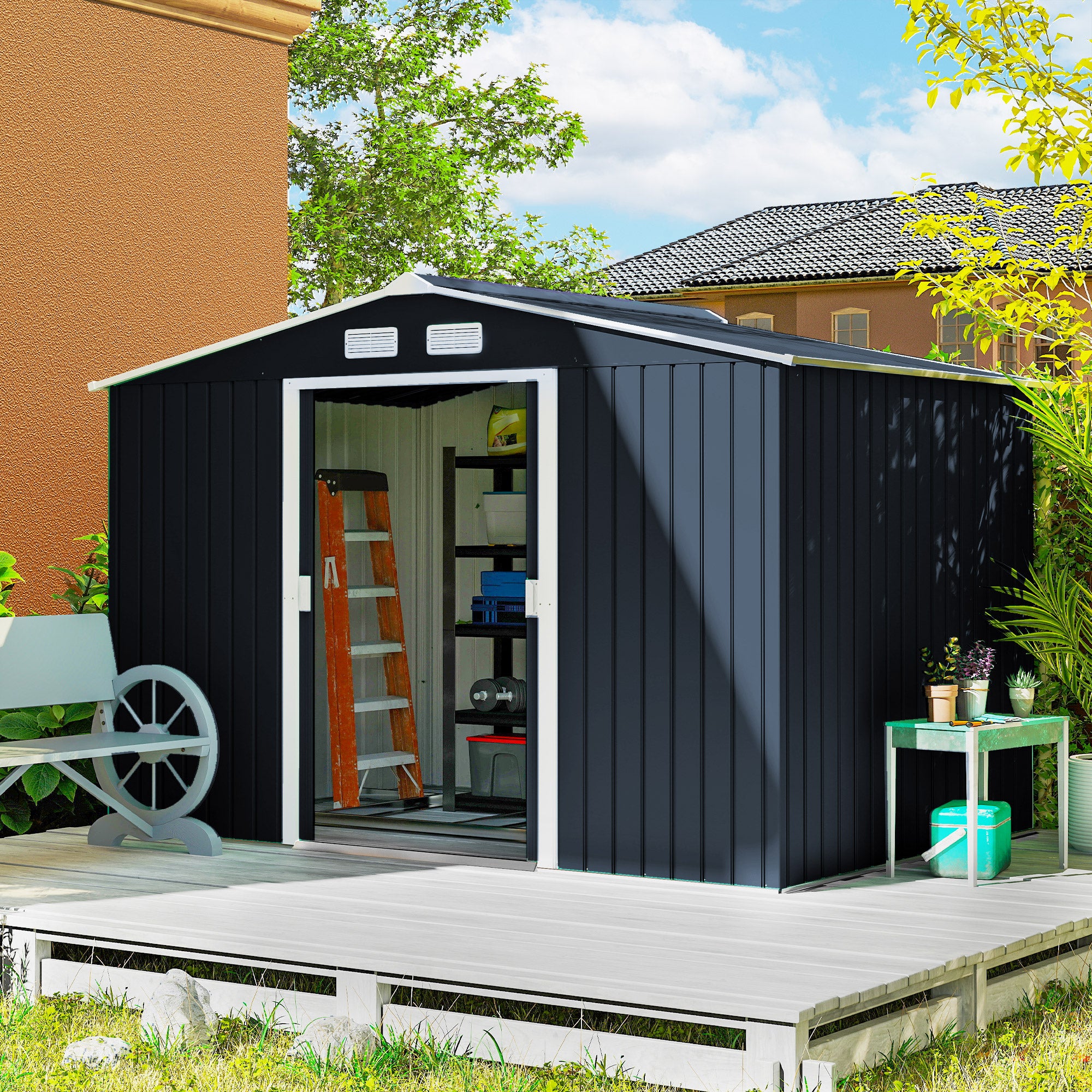 Outsunny 9 x 6ft Metal Garden Shed, Outdoor Storage Tool House with Ventilation Slots, Foundation Kit and Lockable Double Doors, Dark Grey