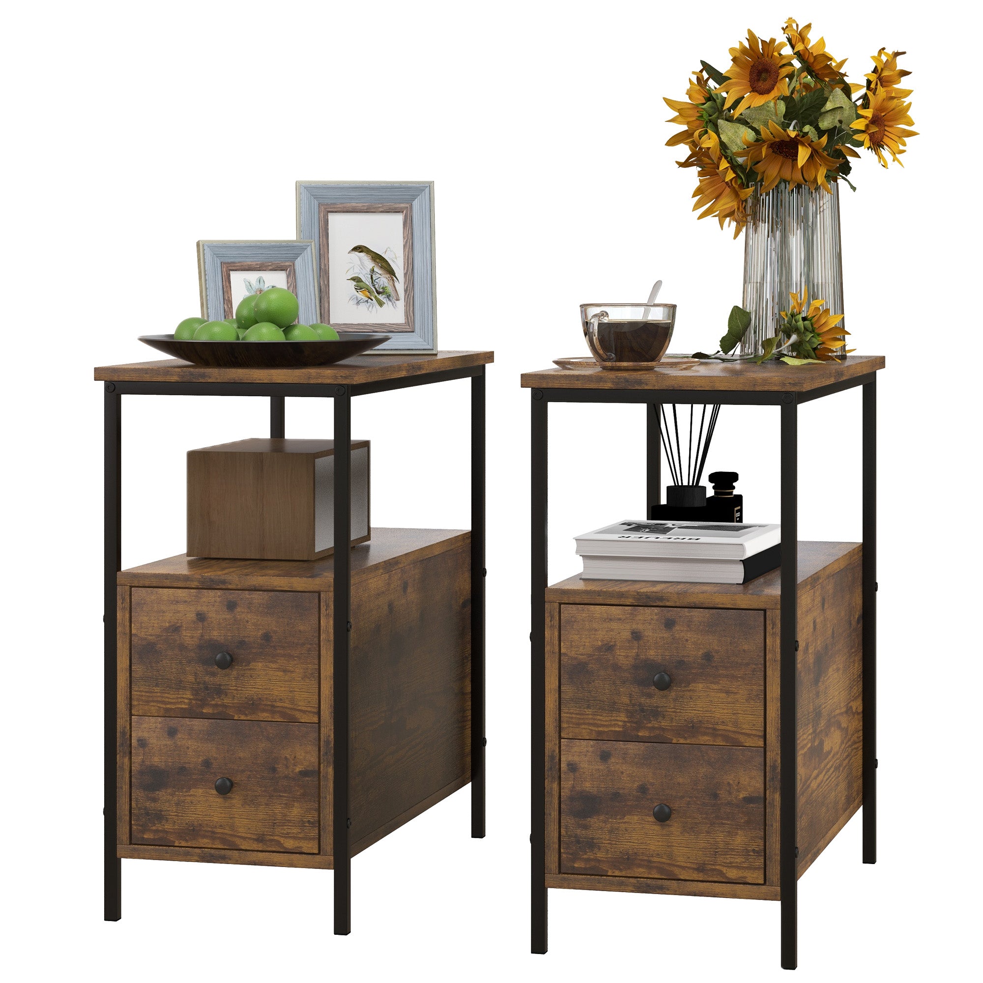 HOMCOM Set of 2 Side Table, Narrow Bedside Table with 2 Drawers and Storage Shelf, Industrial End Table with Metal Frame for Small Spaces, Rustic Brown - North Peak Garden Furniture
