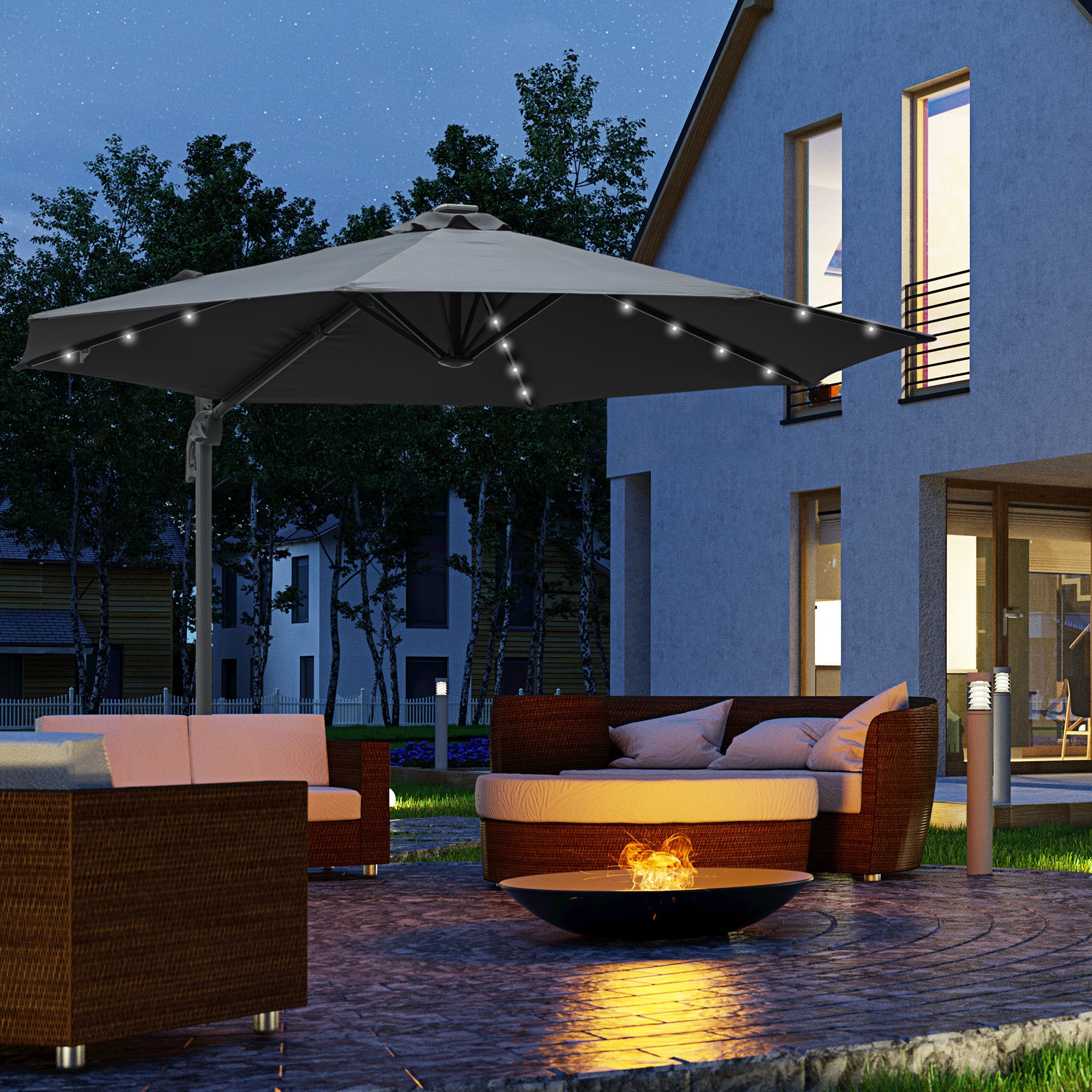 Outsunny 3(m) Cantilever Roma Parasol Patio Sun Umbrella with Crank & Tilt LED Solar Light Cross Base 360° Rotating Outdoor, Dark Grey - North Peak Garden Furniture