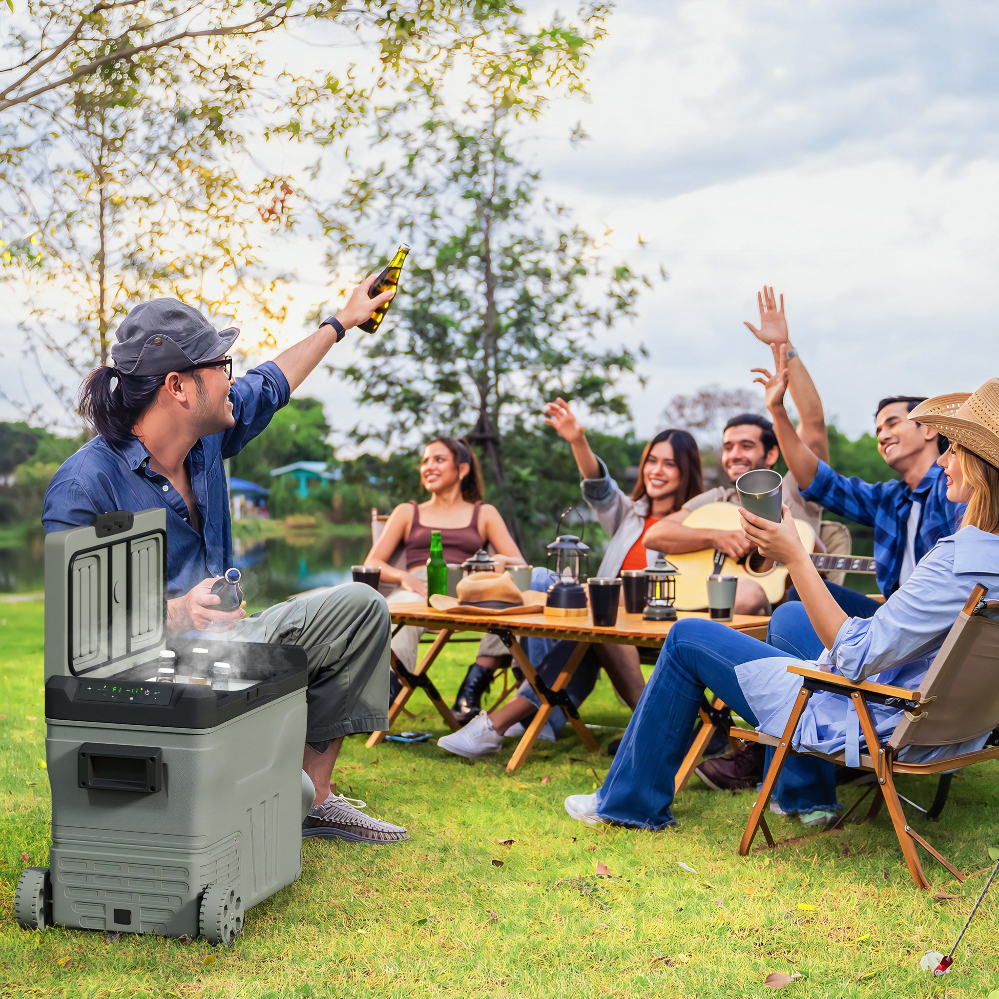 Outsunny 45L Camping Fridge Freezer Dual Zone, Portable Car Fridge 12V/24V DC & 100-240V AC, Electric Cool Box -20℃-20℃ with Wheels and LED Light, for Travel, RV, Road Trip, Picnic - North Peak Garden Furniture