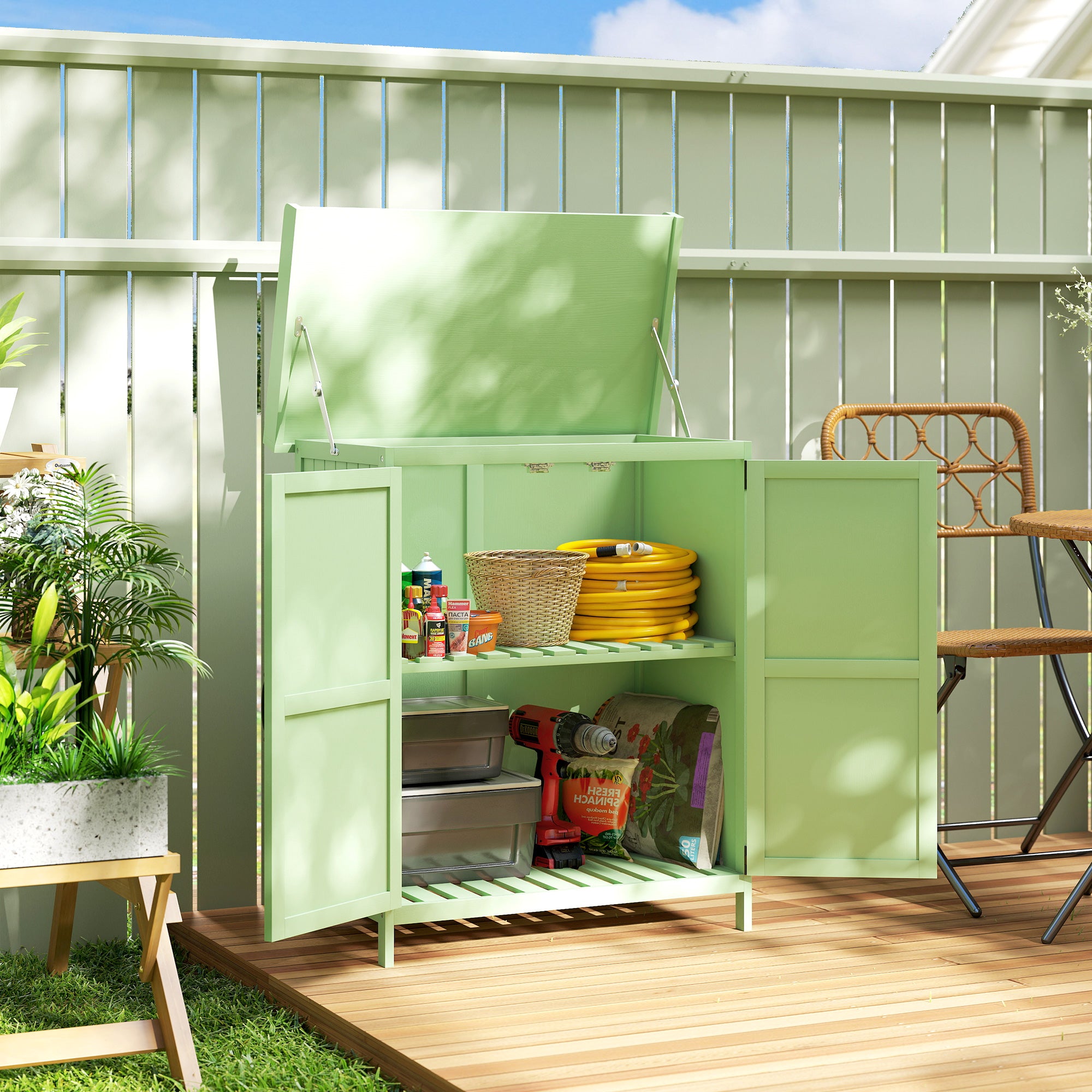 Outsunny Wooden Garden Shed, Garden Tool Storage Shed with Hinged Roof and Shelf, Outdoor Storage Cabinet with Double Doors, Light Green