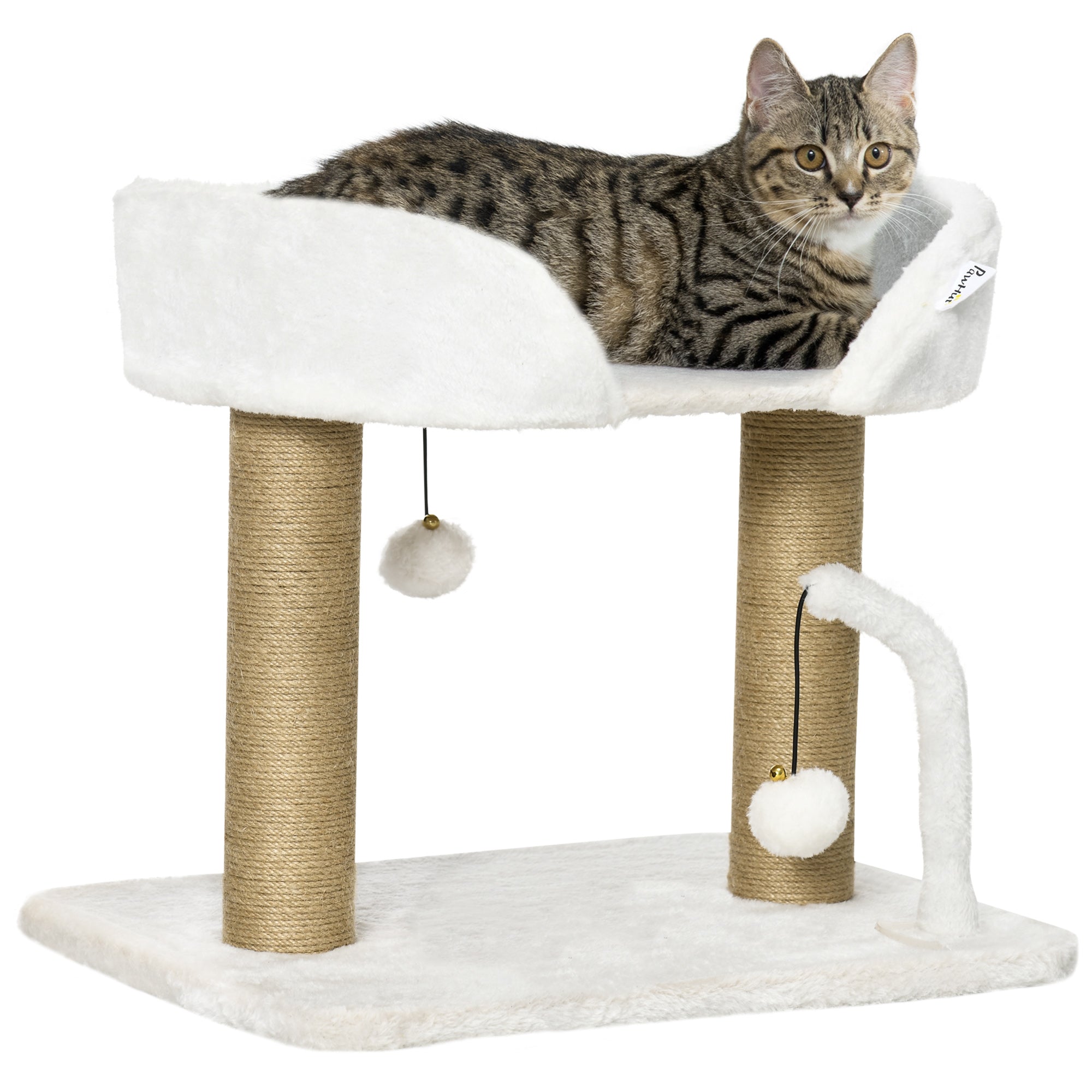 PawHut 42cm Indoor Cat Tree, with Toy Balls, Jute Scratching Post - White - North Peak Garden Furniture
