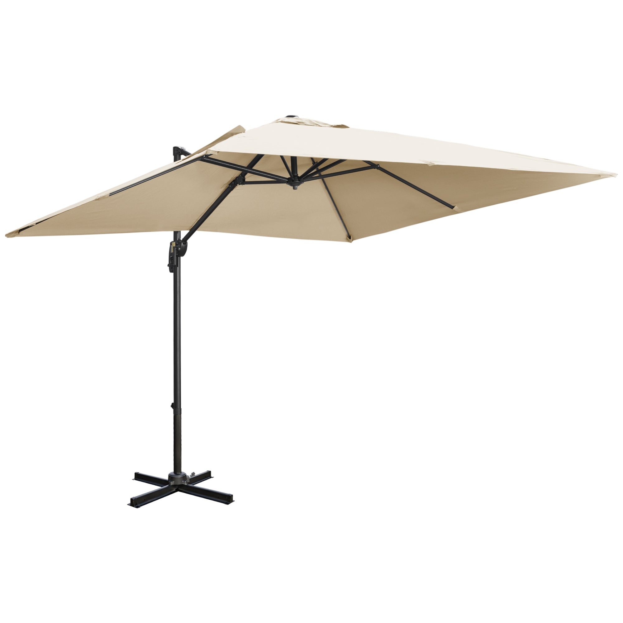 Outsunny 2.7 x 2.7 m Cantilever Parasol, Square Overhanging Umbrella with Cross Base, Crank Handle, Tilt, 360° Rotation and Aluminium Frame, Cream White - North Peak Garden Furniture