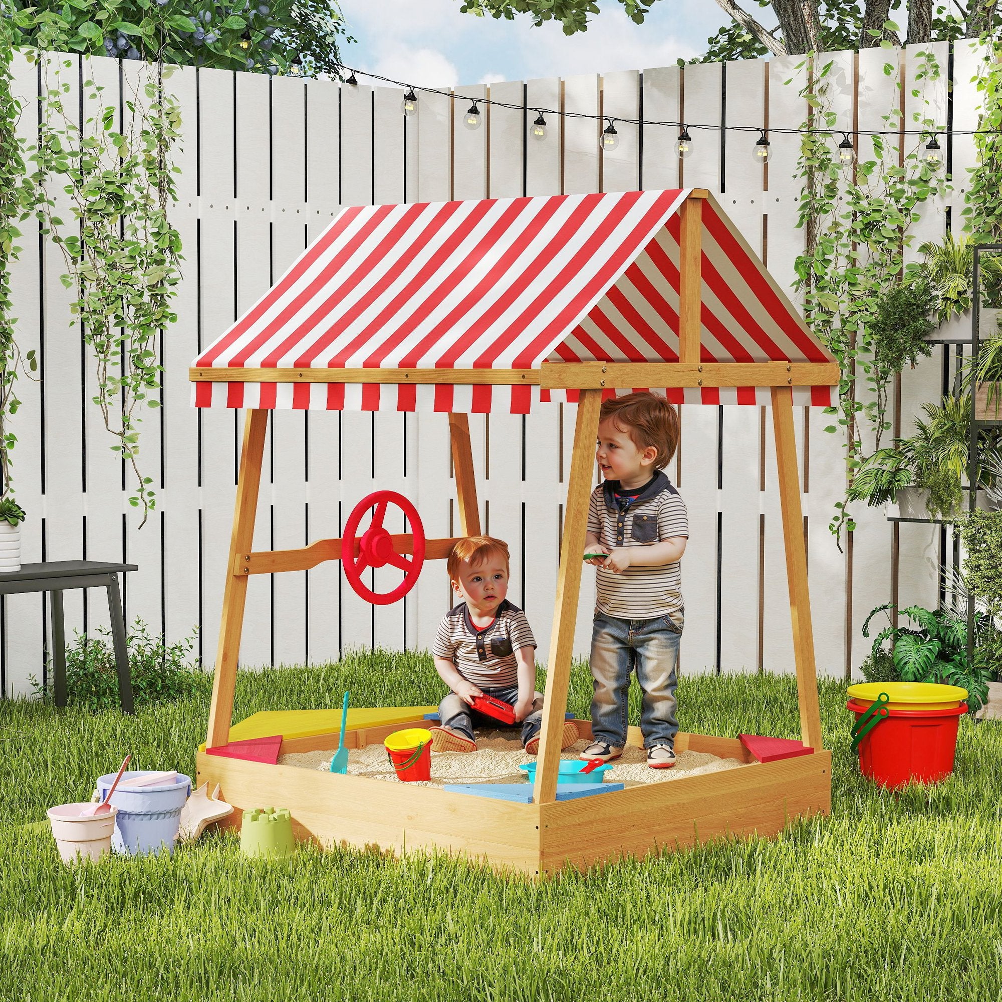 AIYAPLAY Wooden Kids Sandpit Boat Style with Canopy, 4 Seats, Rudder, Bottom Liner, for Children 3-8 Years, Yellow - North Peak Garden Furniture