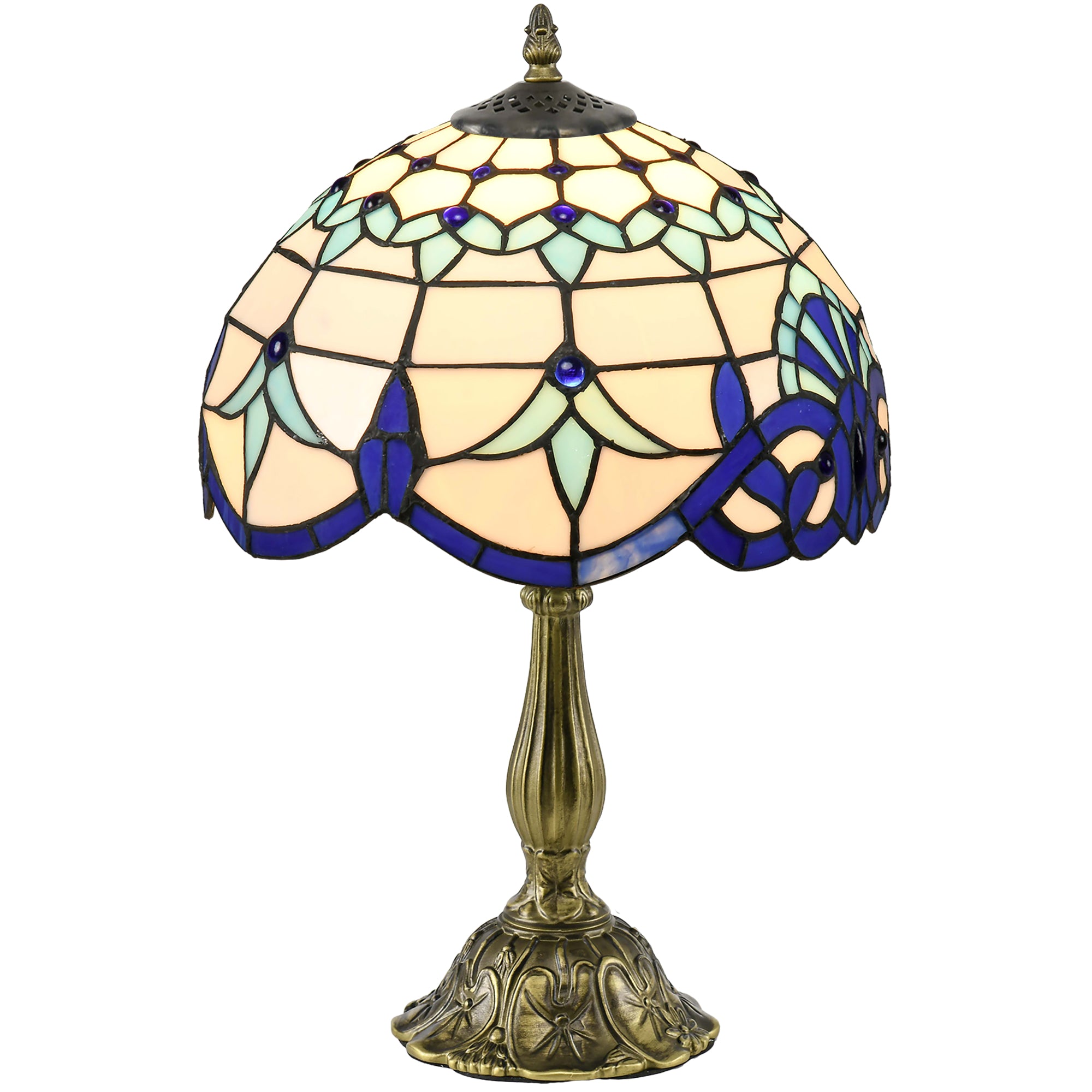 HOMCOM Stained Glass Table Lamp, Handmade Antique Bedside Lamp for Bedroom, Living room, Home, Nightstand, Decorative Night Light, Blue - North Peak Garden Furniture