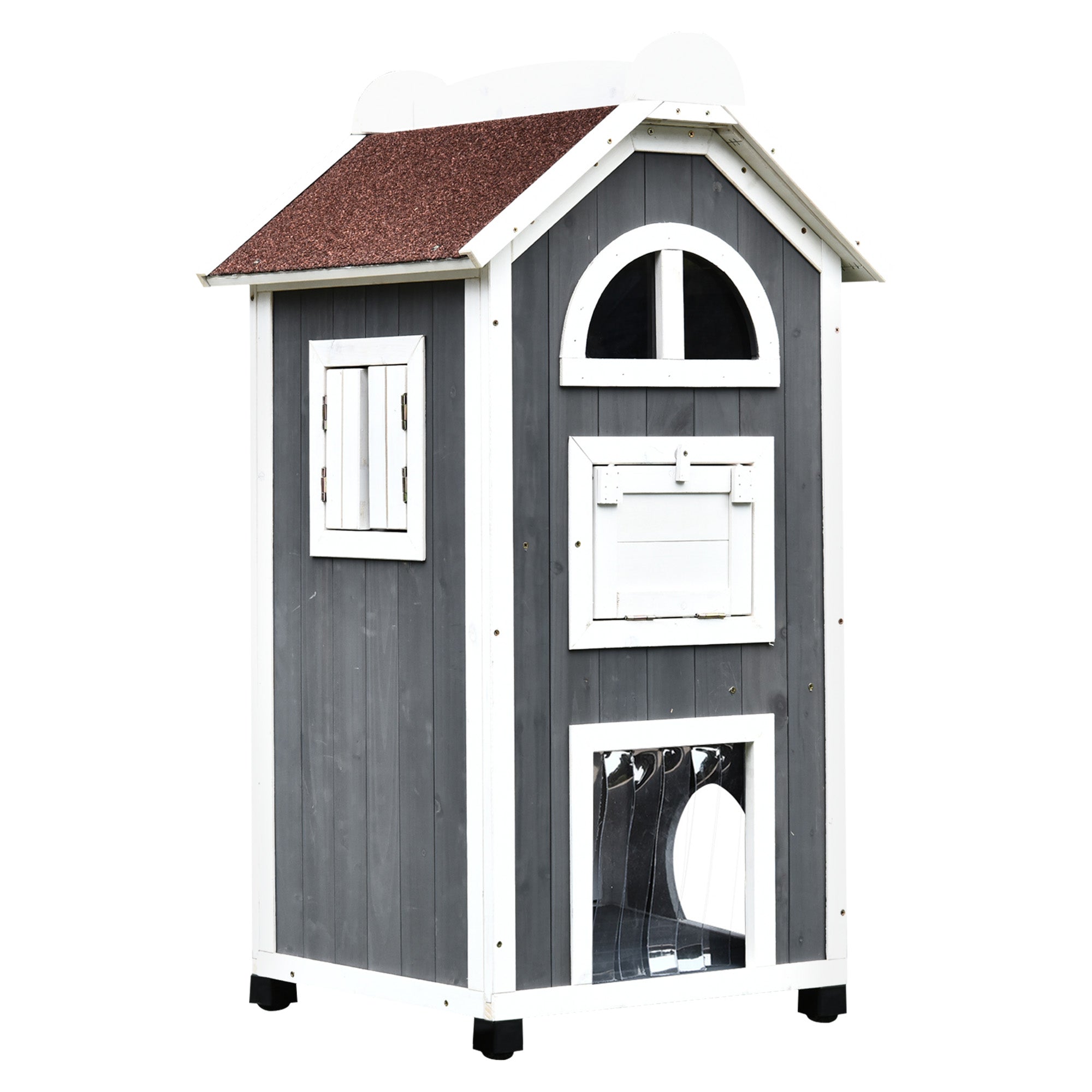 PawHut Wooden Cat House, Weatherproof Pet Shelter, Outdoor Cat Condos Cave, 2 Floor Furniture, Grey and White - North Peak Garden Furniture