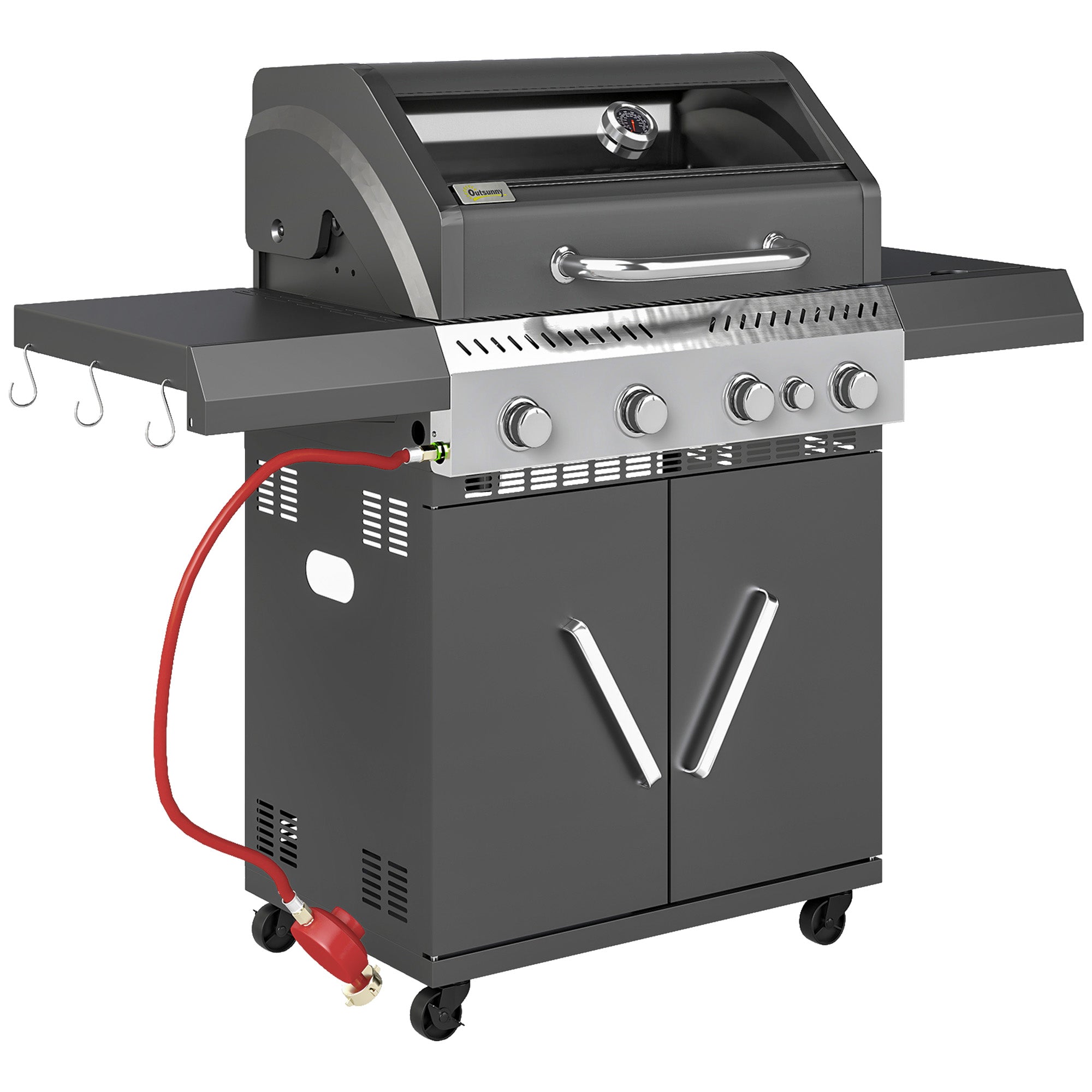 Outsunny 4+1 Burner Gas BBQ Grill with Clear View Lid, Portable Gas Barbecue Grill with Built-in Thermometer, Side Table, Cabinet, Wheels, Grease Tray for Garden Party Outdoor Cooking, Black - North Peak Garden Furniture