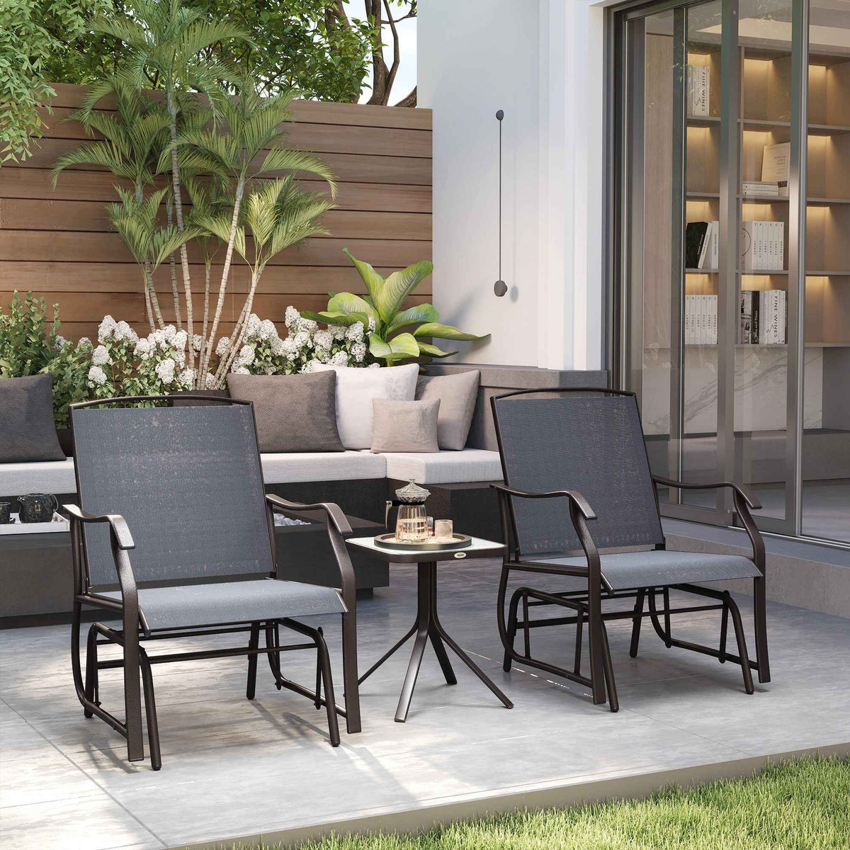 Outsunny Glider Rocking Chair & Table Set 2 Single Seaters Rocker Garden Swing Chair Patio Furniture Bistro Set Grey