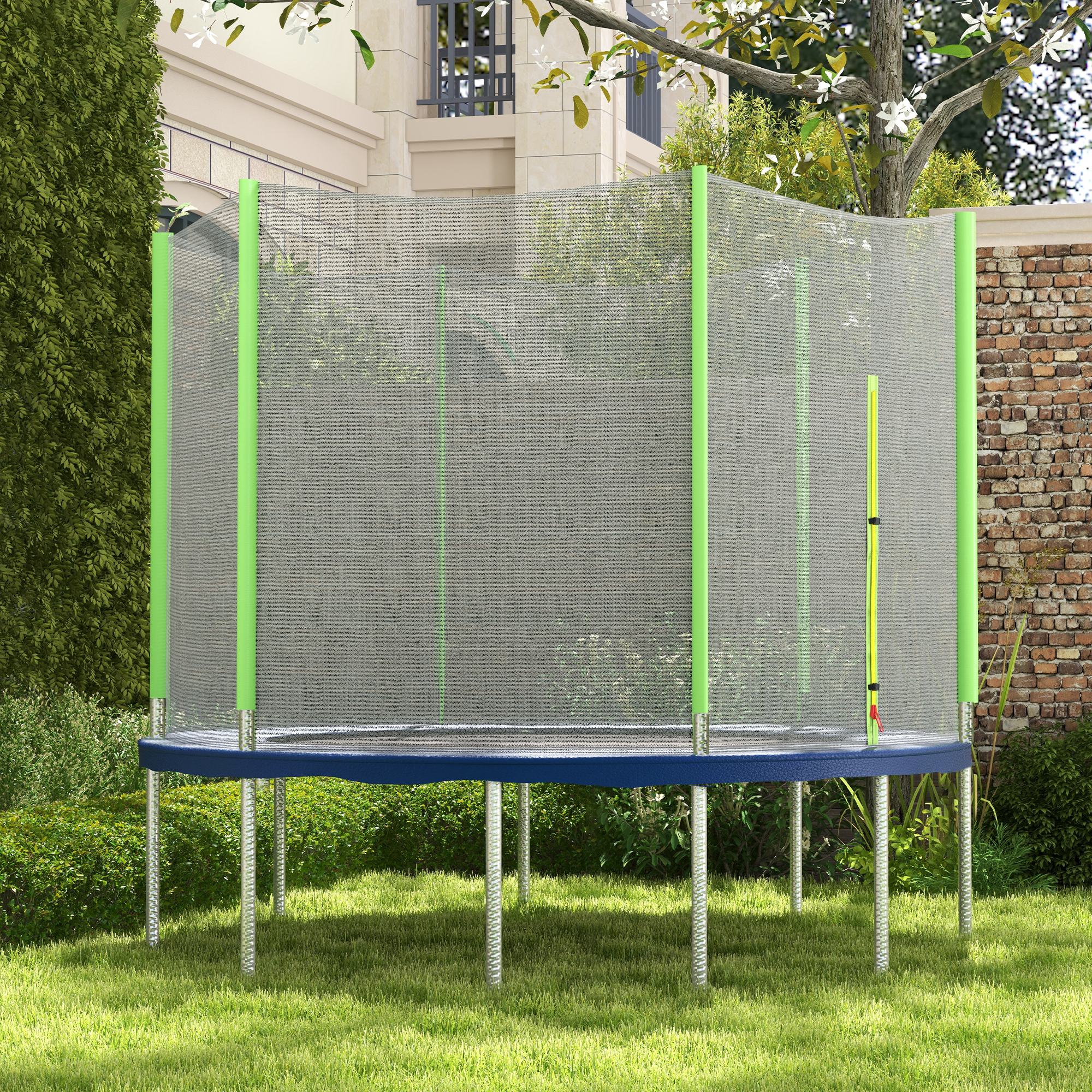SPORTNOW 10ft Trampoline Net Replacement with 6 Plastic Pole Covers, Weather-Resistant Trampoline Netting Replacement with Zipped Entrance, Poles Not Included, Green - North Peak Garden Furniture