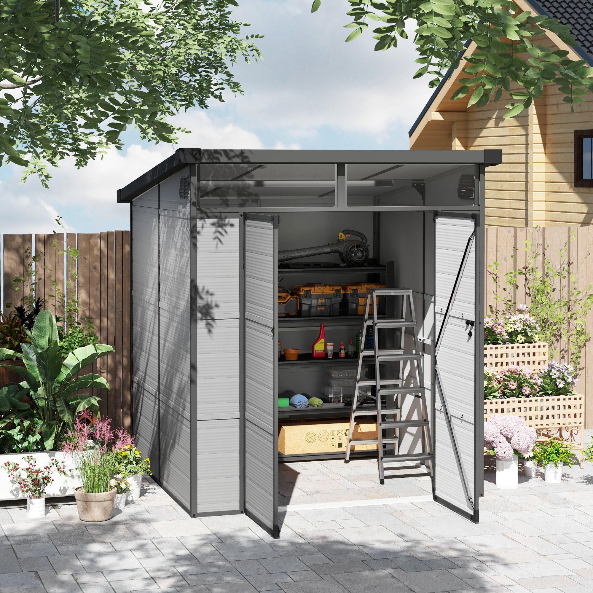Outsunny 6 x 6ft Outdoor Storage Shed, Plastic Garden Shed with Windows and Air Vents, Outdoor Resin Tool Shed with Latch Doors for Garden, Deck, Light Grey - North Peak Garden Furniture
