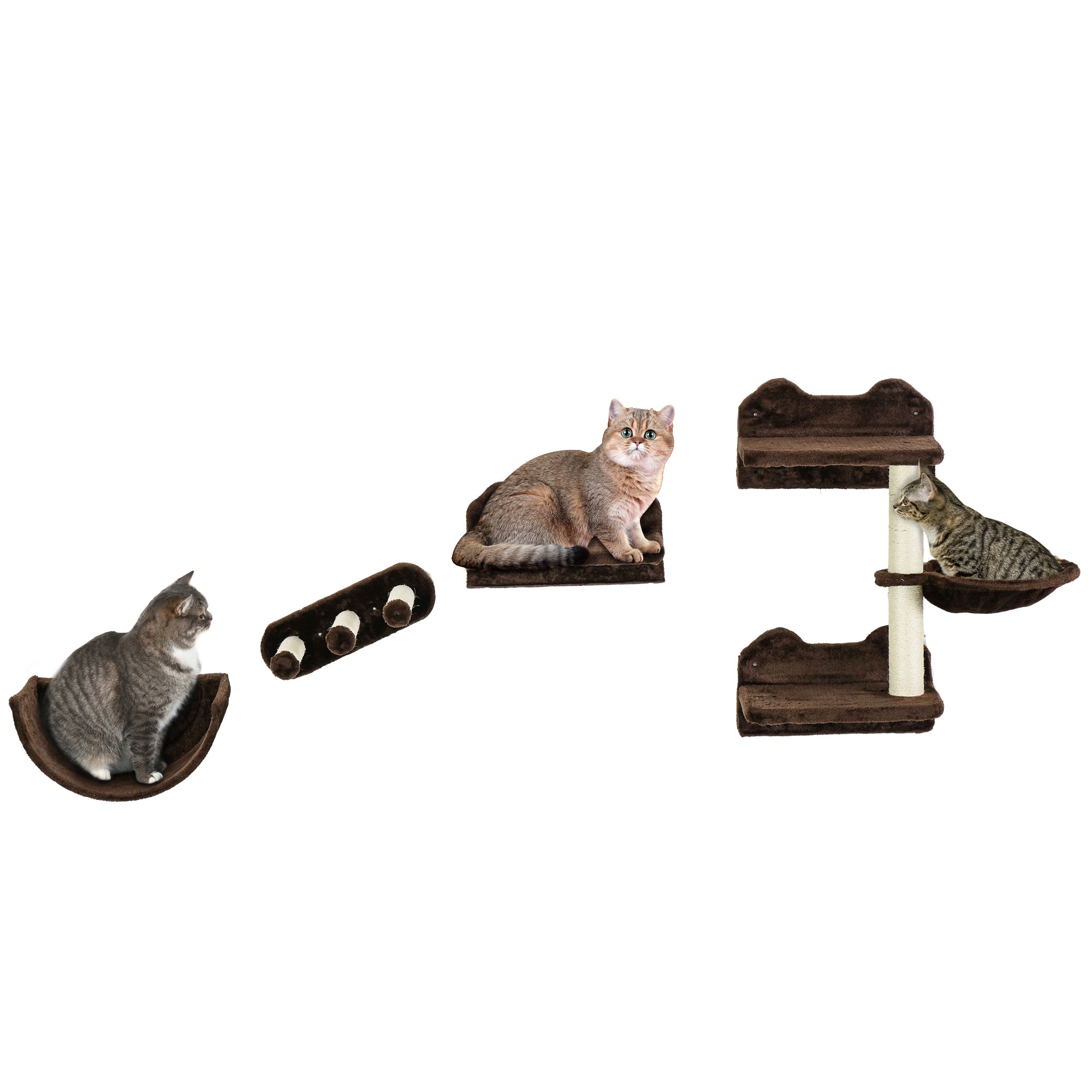 PawHut 4PCs Wall-Mounted Cat Shelves w/ Scratching Post, Hammock, Nest - Brown - North Peak Garden Furniture