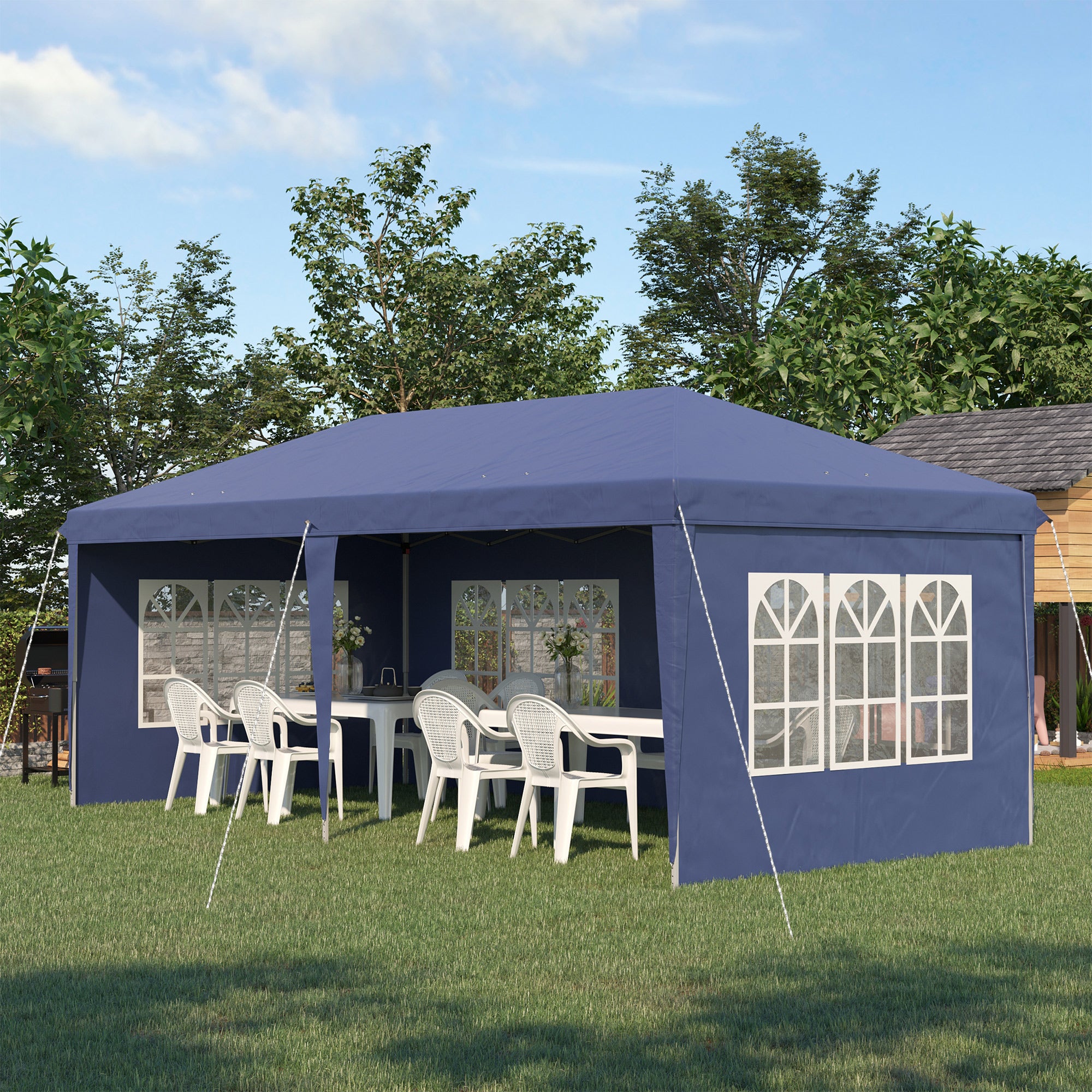 Outsunny 3 x 6m Pop Up Gazebo, Height Adjustable Marquee Party Tent with Sidewalls and Storage Bag, Blue - North Peak Garden Furniture