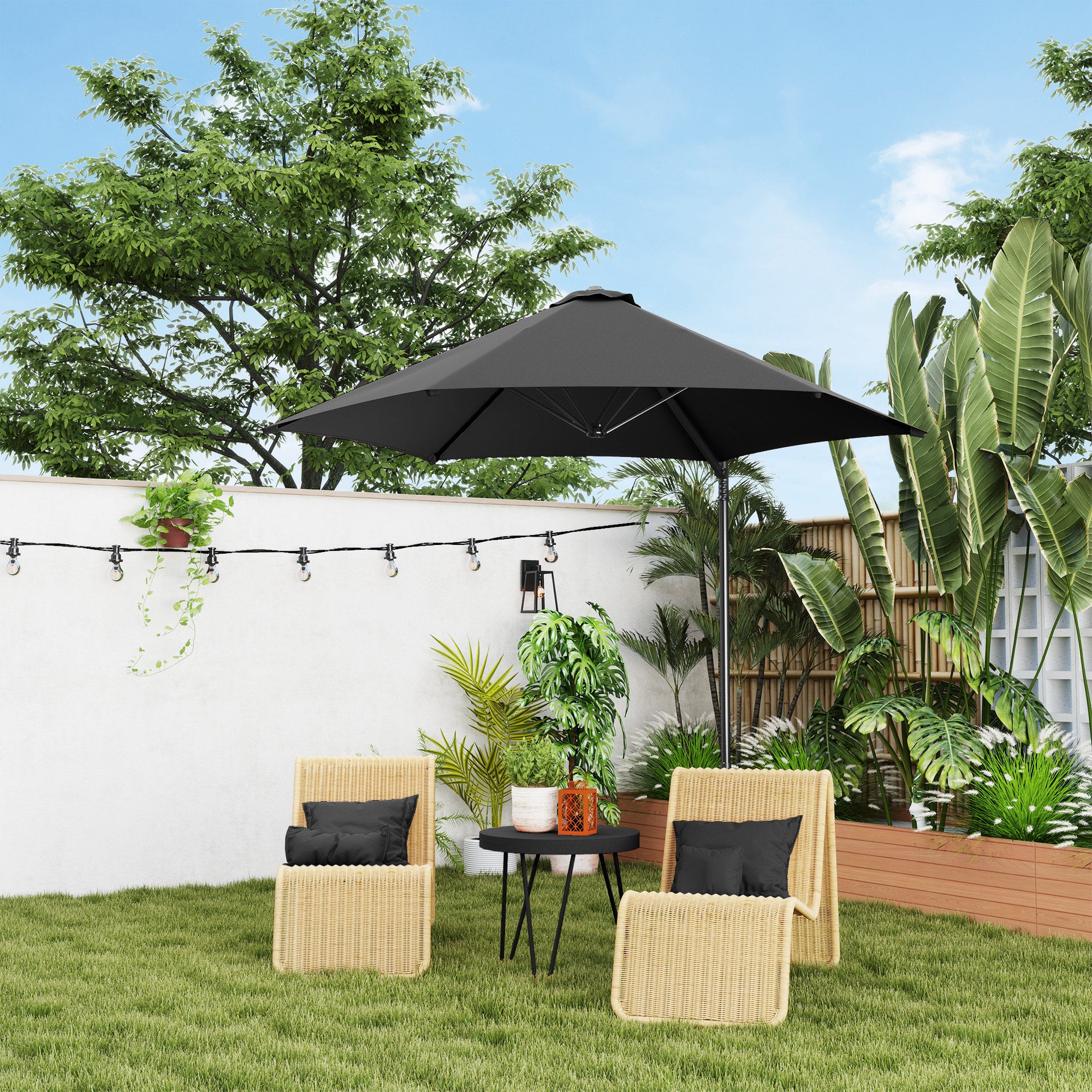 Outsunny 2.5M Garden Cantilever Parasol, Offset Roma Patio Umbrella Hanging Sun Shade Canopy Shelter with 360° Rotation and Cross Base, Black - North Peak Garden Furniture
