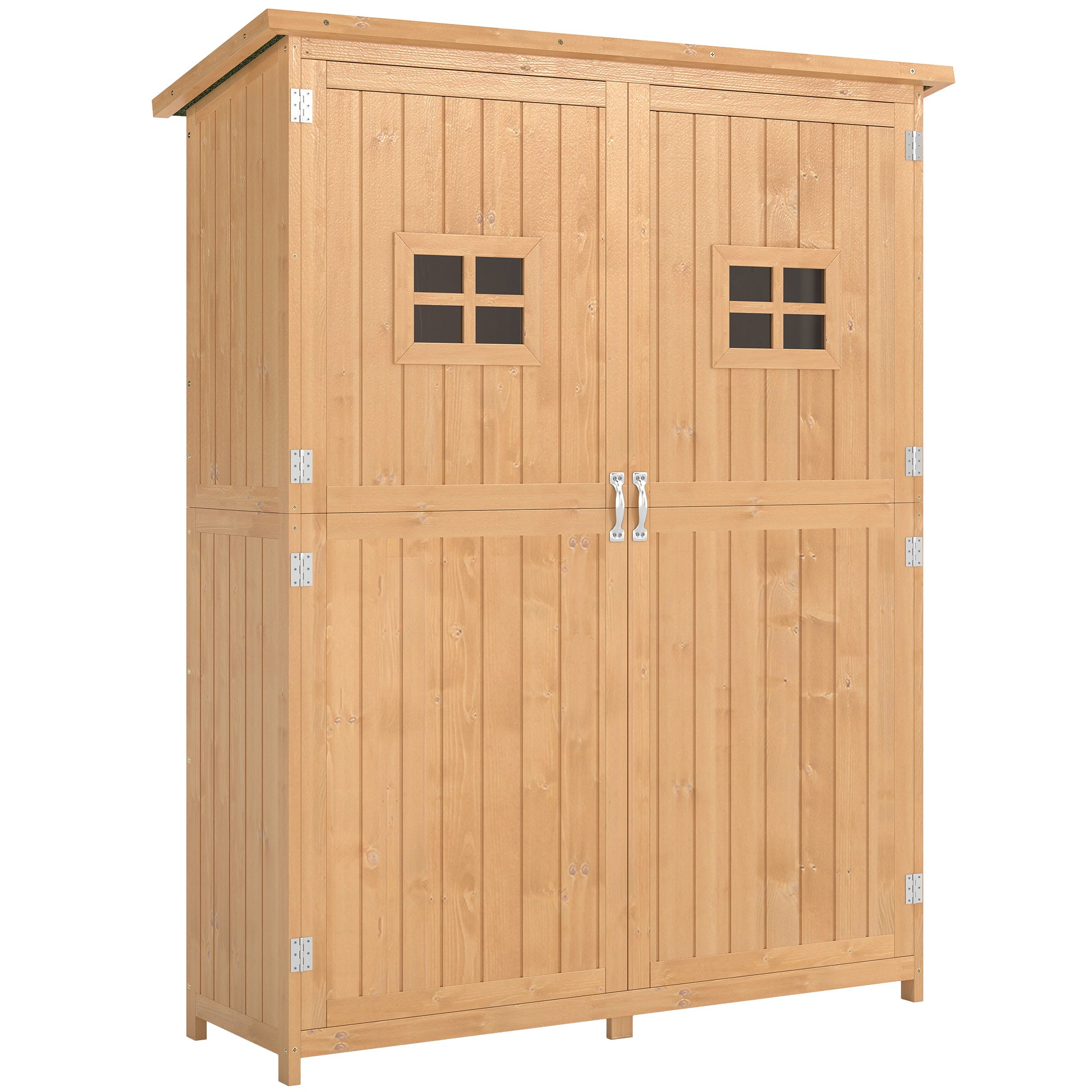 Outsunny Wooden Garden Shed with Two Windows, Tool Storage Cabinet, Outdoor Double Door Organizer 127.5L x 50W x 164H cm, Natural