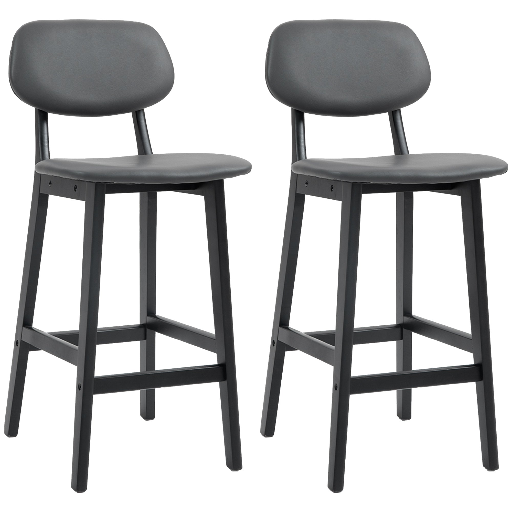 HOMCOM Bar Stools Set of 2, Contemporary Breakfast Bar Chairs, Faux Leather Upholstered Kitchen Stools with Backs and Solid Wood Legs, Dark Grey - North Peak Garden Furniture