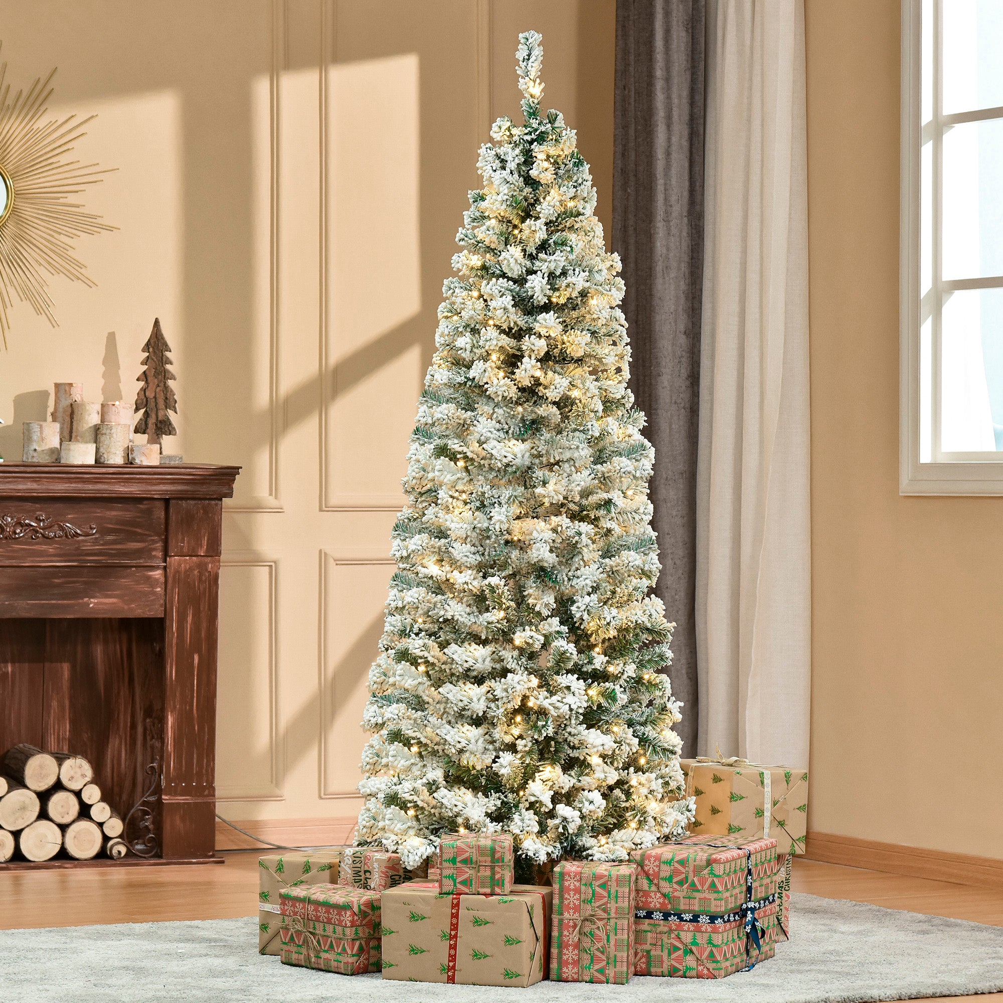 HOMCOM 6FT Prelit Artificial Snow Flocked Christmas Tree with Warm White LED Light, Holiday Home Xmas Decoration, Green White - North Peak Garden Furniture