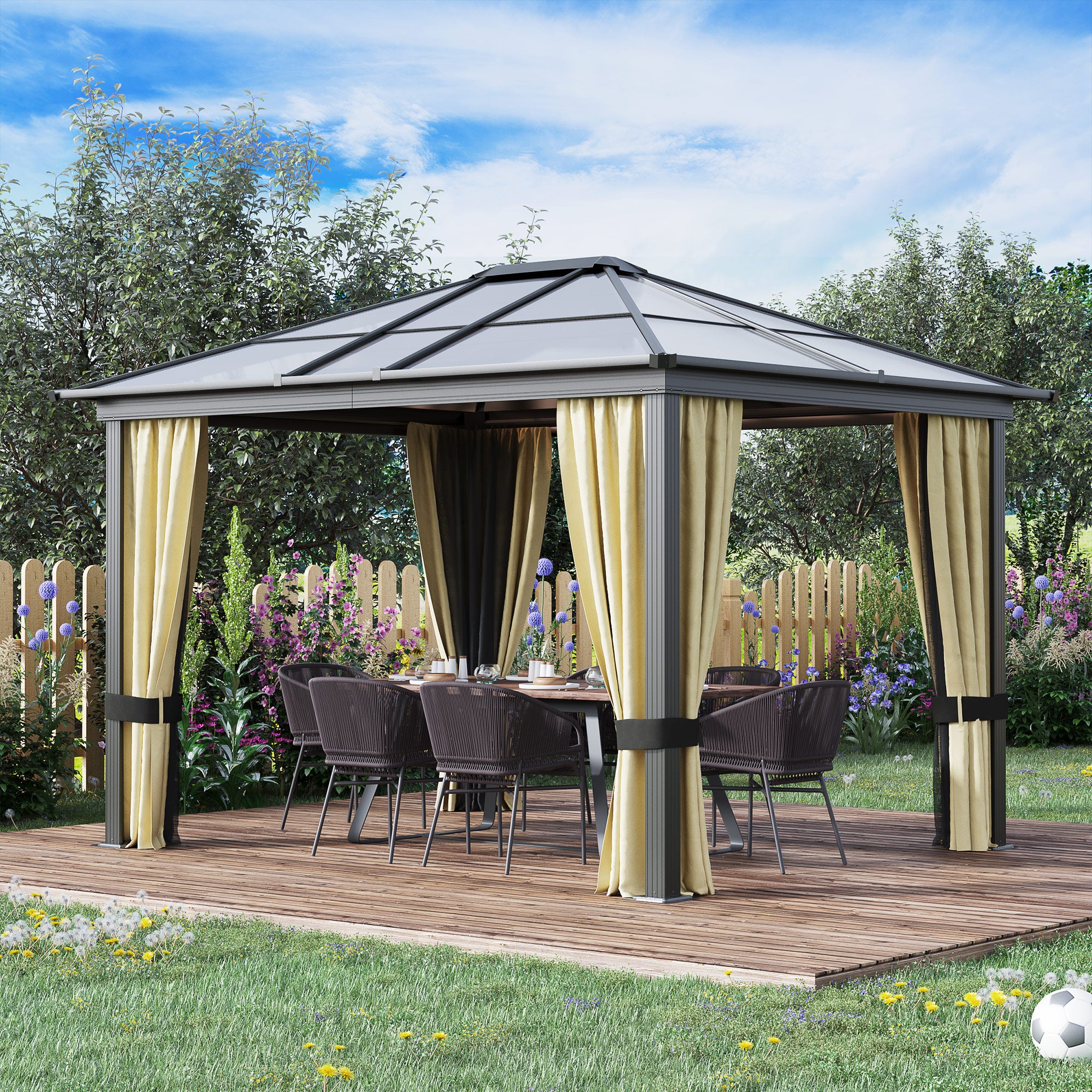 Outsunny 3 x 3.6(m) Hardtop Gazebo Canopy with Polycarbonate Roof and Aluminium Frame, Garden Pavilion with Mosquito Netting and Curtains, Brown - North Peak Garden Furniture