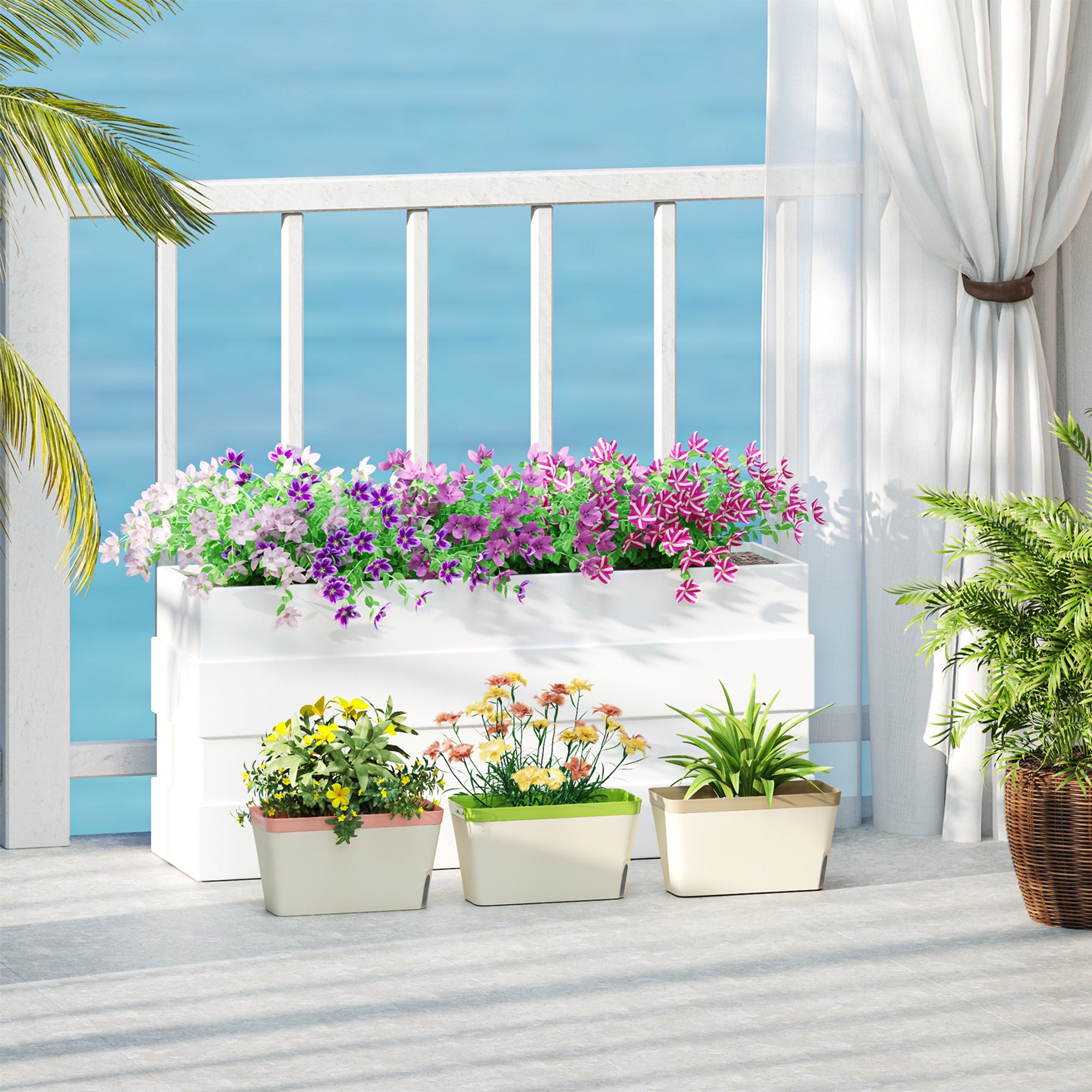 Outsunny Set of 3 Self Watering Plant Pots Outdoor, 27cm Rectangular Garden Planters with Visual Water Level Window, Plastic Flower Pots for Indoor Outdoor Garden Balcony Windowsil - North Peak Garden Furniture