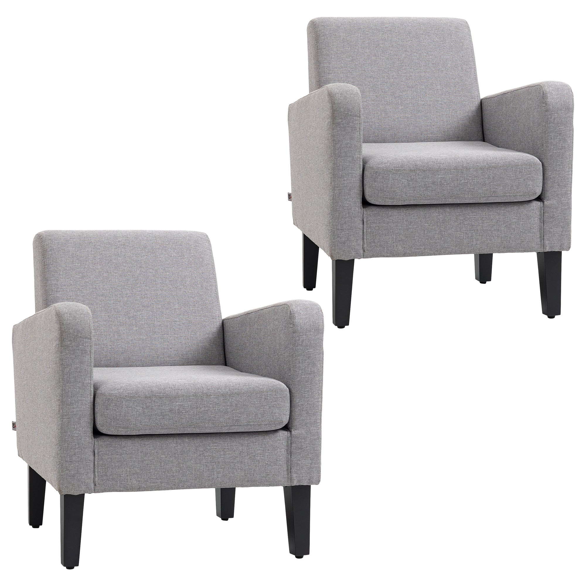 HOMCOM 2 Pieces Modern Armchairs with Rubber Wood Legs, Upholstered Accent Chairs, Single Sofa for Living Room, Bedroom, Light Grey - North Peak Garden Furniture