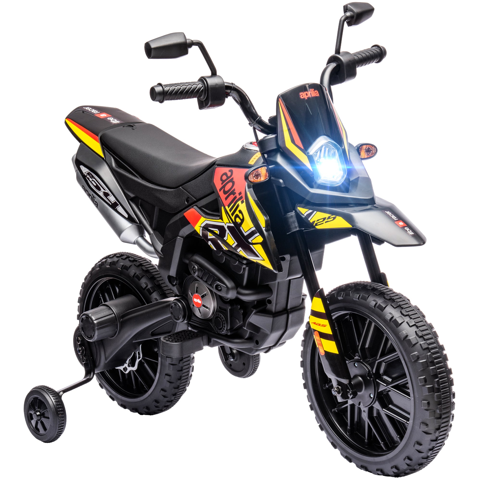 AIYAPLAY 12V Aprilia Licenced Kids Motorbike with Training Wheels, Spring Suspension, LED Light, USB, Music, Yellow - North Peak Garden Furniture
