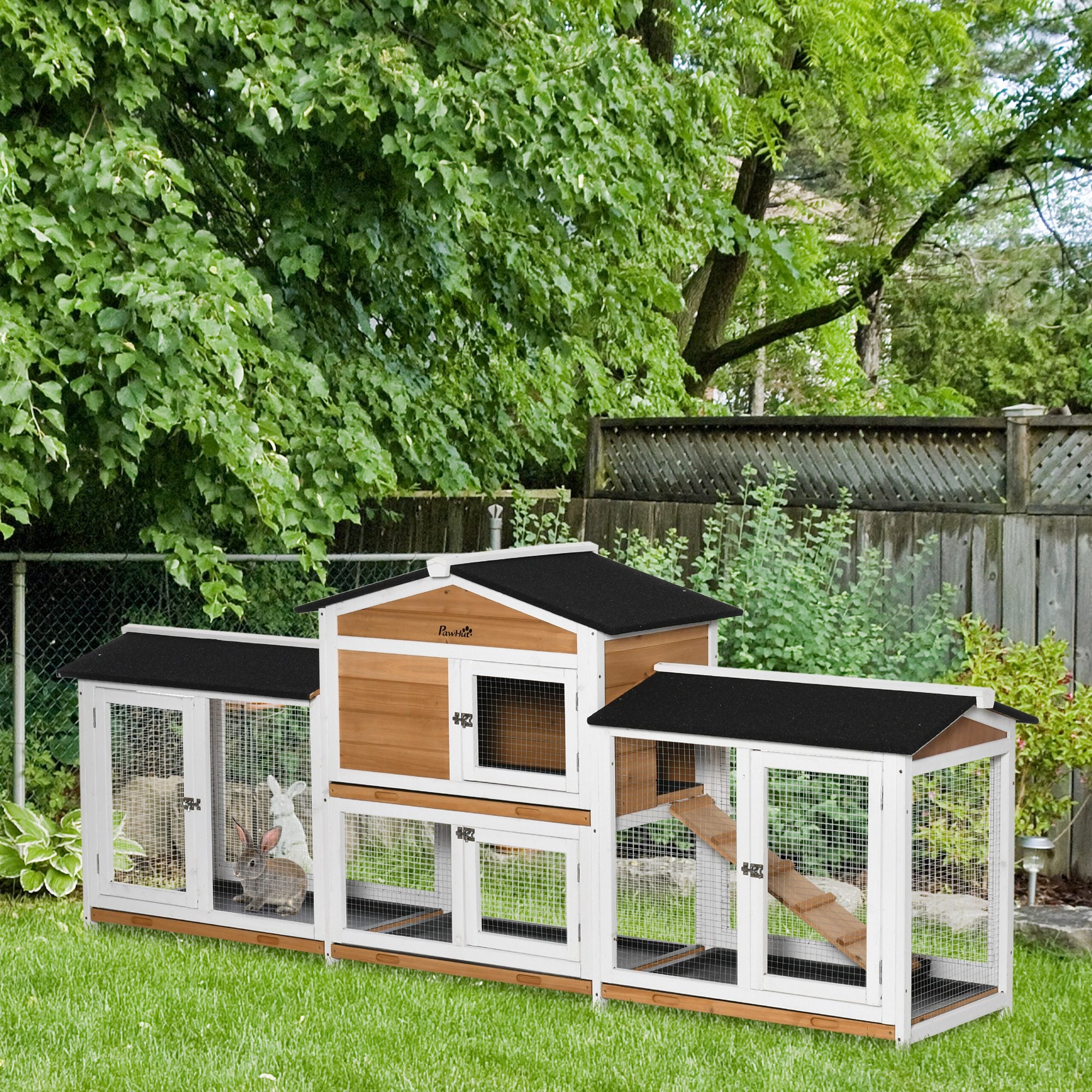 PawHut Large Rabbit Hutch Outdoor, 2-Tier Guinea Pig Hutch, Wooden Bunny Run, Small Animal House with Double Side Run Boxes, No-leak Plastic Tray, Ramp, 230 x 53 x 93.5cm - North Peak Garden Furniture