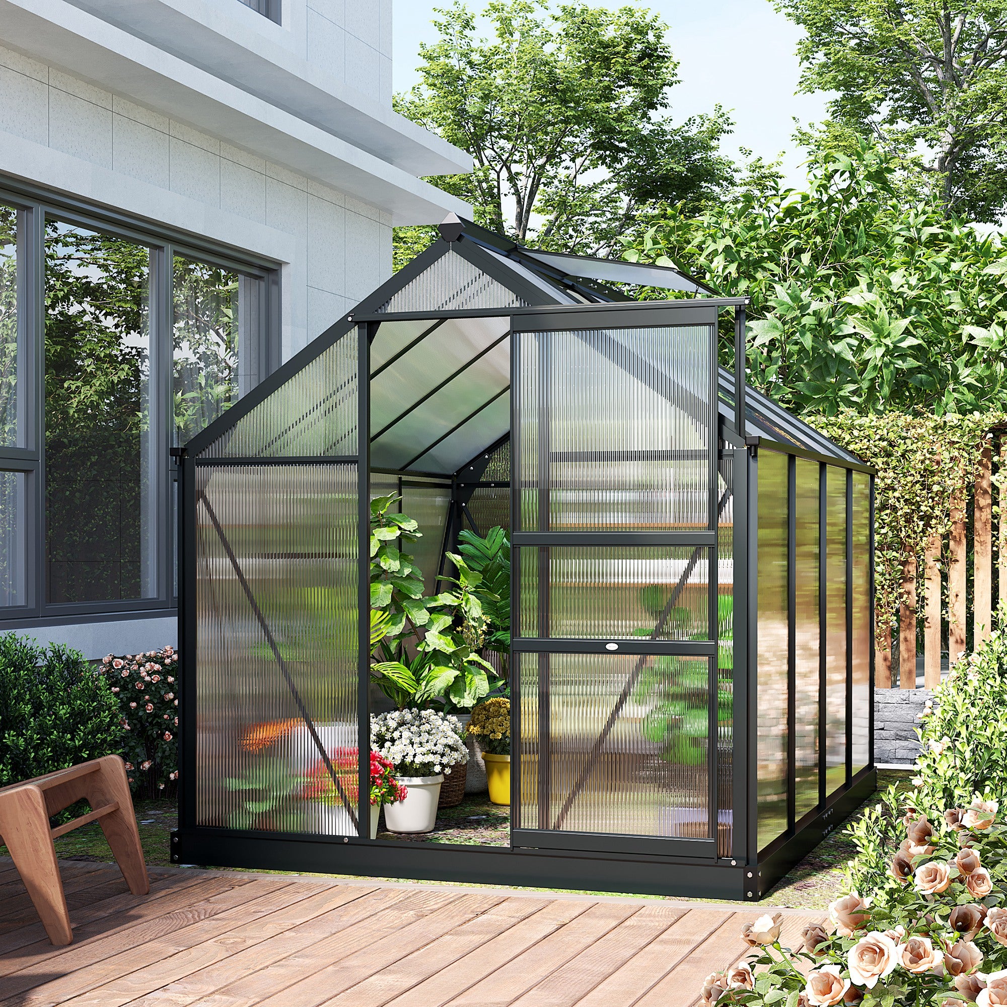Outsunny 6 x 8ft Polycarbonate Greenhouse, Large Walk-In Green House with Slide Door and Window, Garden Plants Grow House with Aluminium Frame and Foundation, Grey - North Peak Garden Furniture